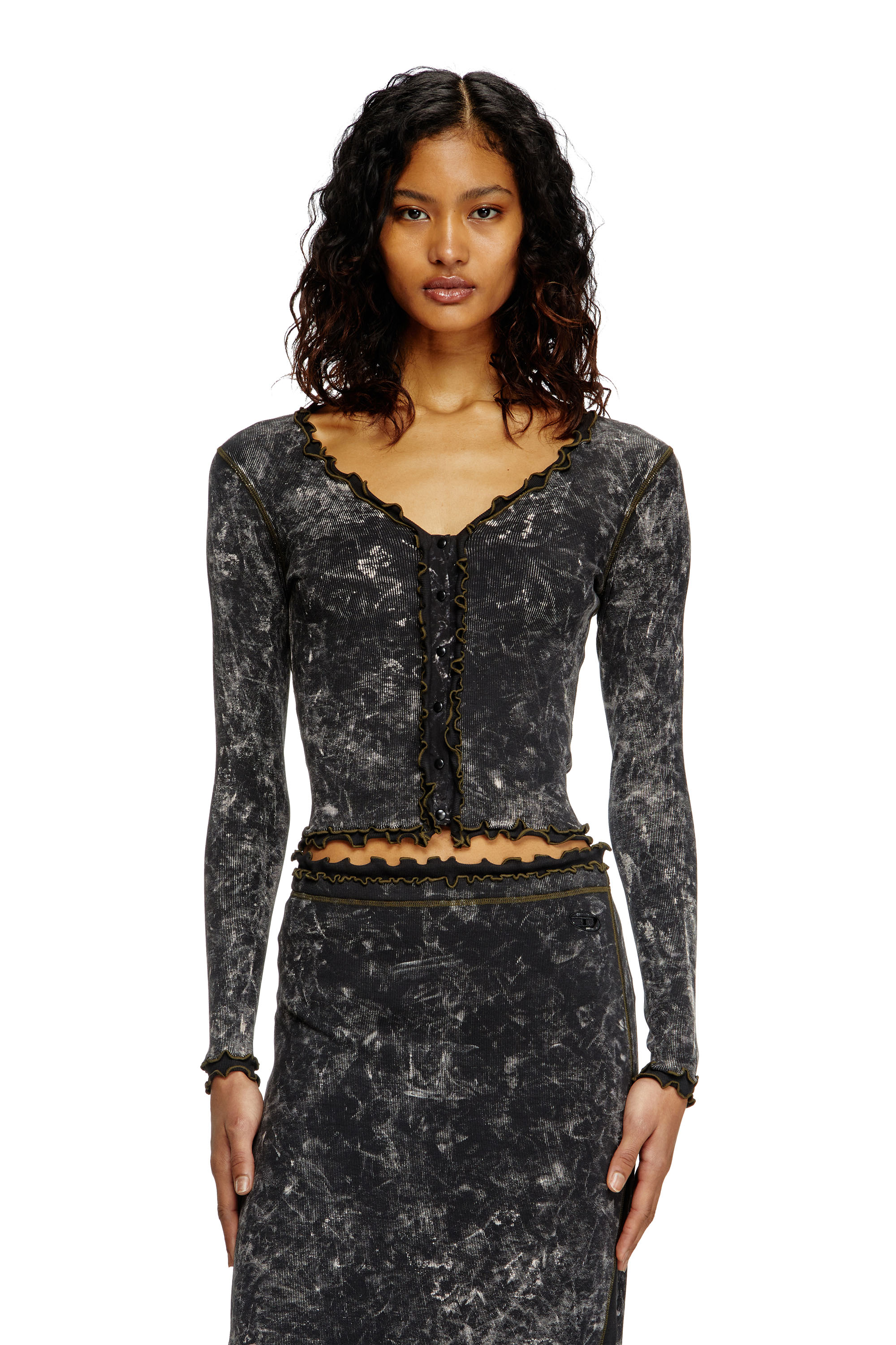 Diesel - T-FLUX, Top boutonné marbré avec volants Femme in Noir - 2