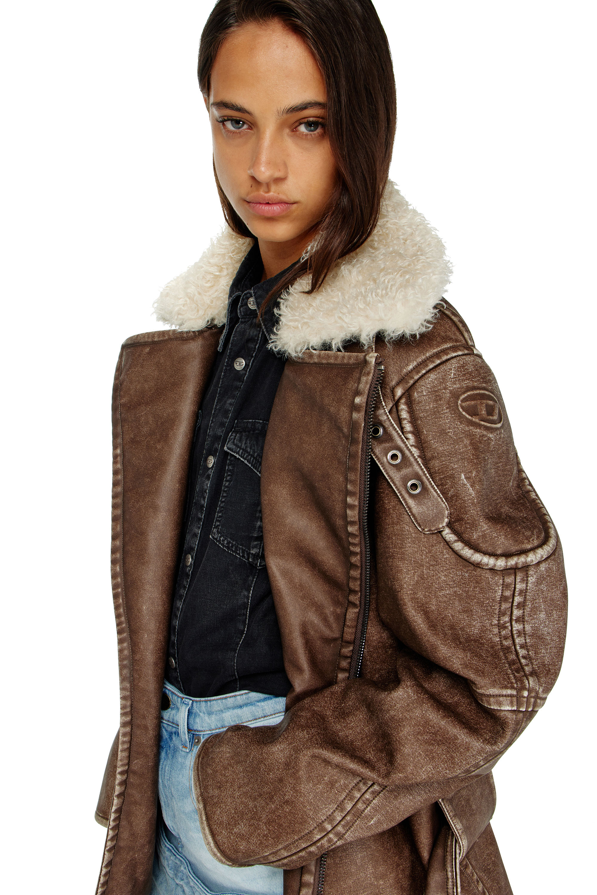 Diesel - G-EYSER, Woman's Double-breasted aviator-biker coat in Brown - 6