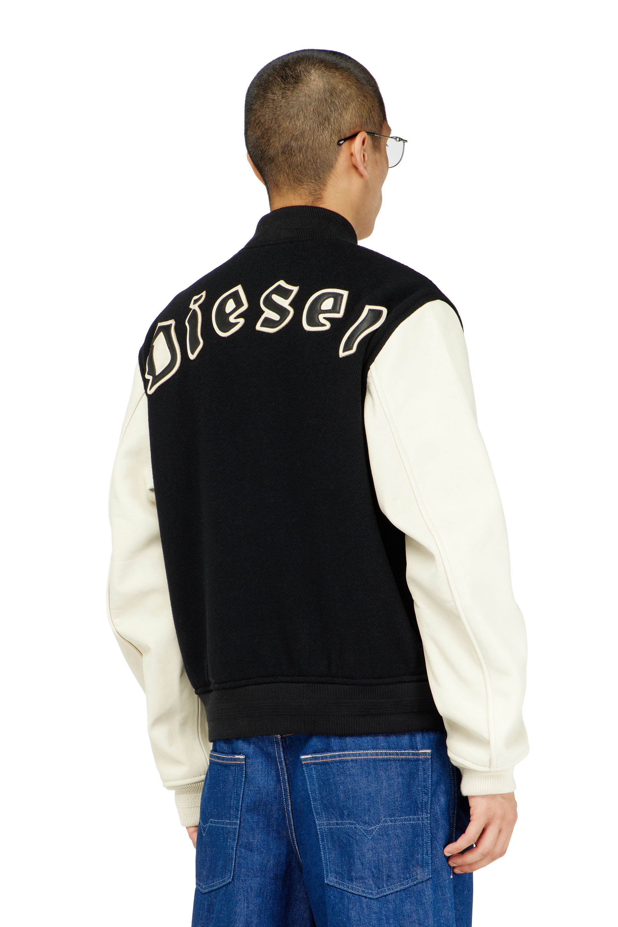 Diesel - L-ARRY-WRD, Herren Bomberjacke aus Wollmischung und Leder in Schwarz/Weiss - 4