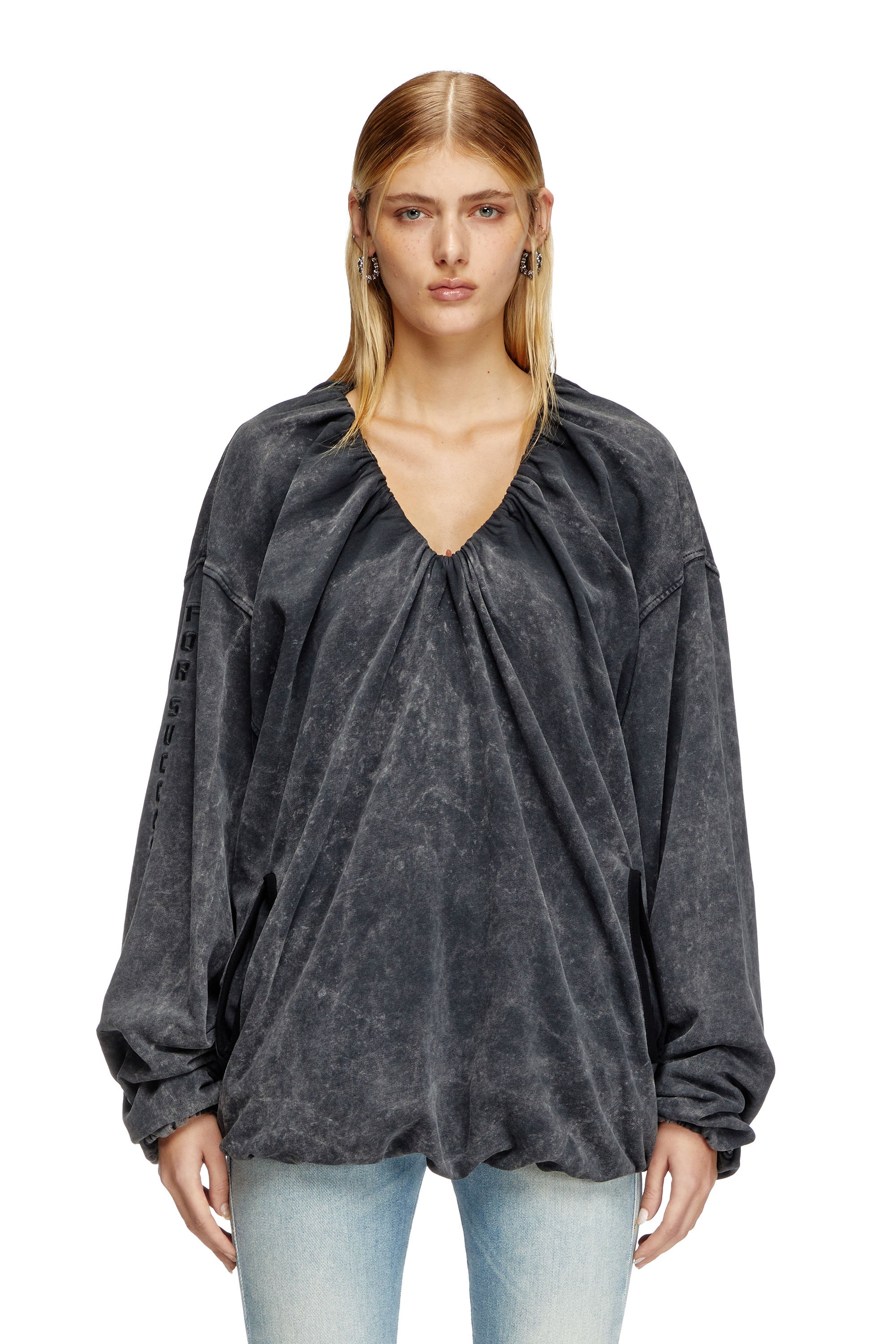 Diesel - F-INDY, Damen Gerafftes Sweatshirt mit gebleichtem Effekt in Schwarz - 1