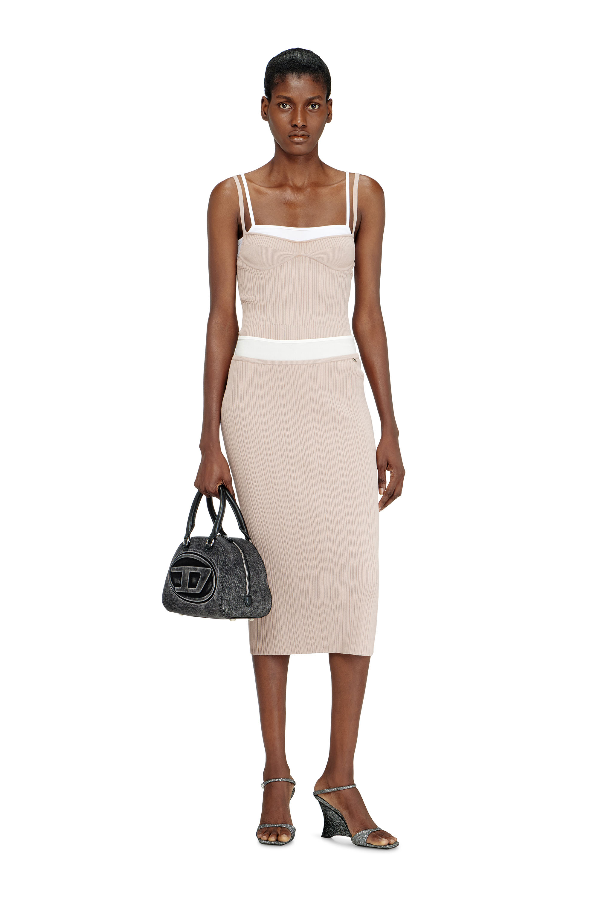 Diesel - M-ZINIA, Jupe en maille c&ocirc;tel&eacute;e avec ceinture contrastante Femme in Rose - 1