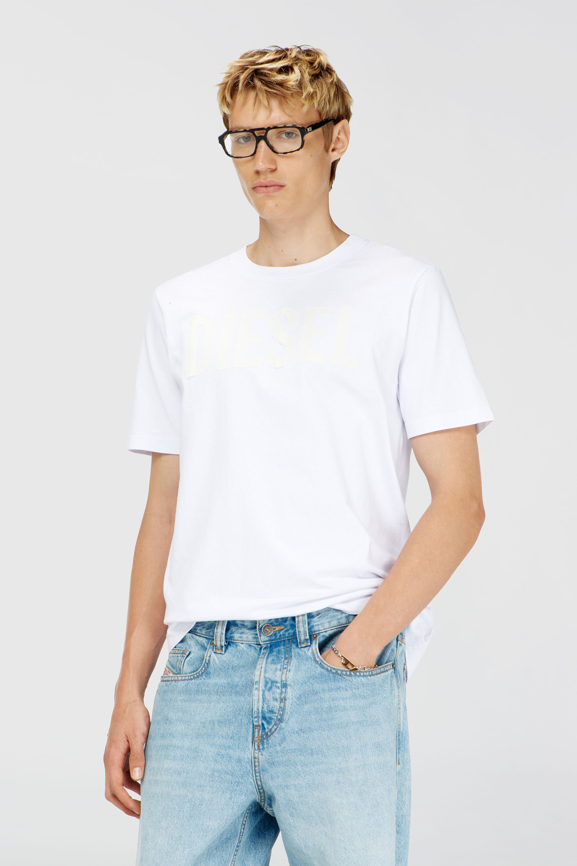 Diesel - T-JUST-APP-T92, T-shirt in cotone con stampa logo Diesel tono su tono Uomo in Bianco - 3