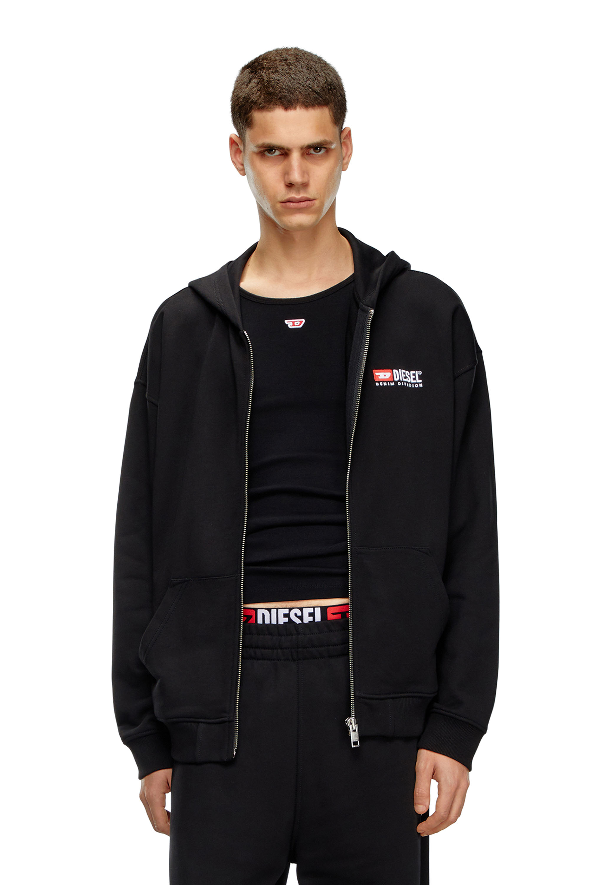 Diesel - S-BOXT-HOOD-ZIP-DIV, Sweat-shirt à capuche zippé avec broderie Diesel Homme in Noir - 1