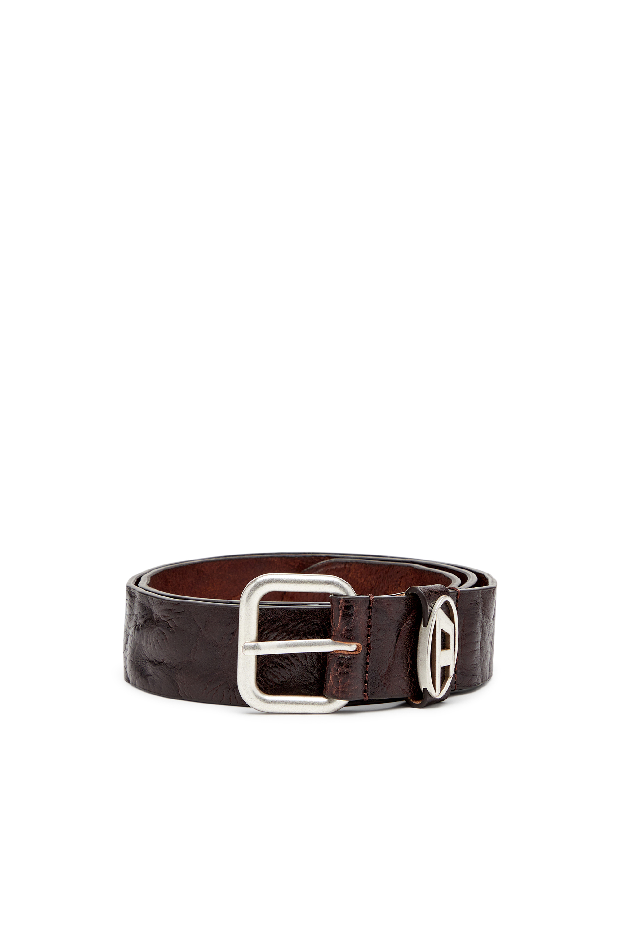 Diesel - B-1DR OVAL D LOOP, Ceinture en cuir froissé avec plaque à logo Mixte in Marron - 1