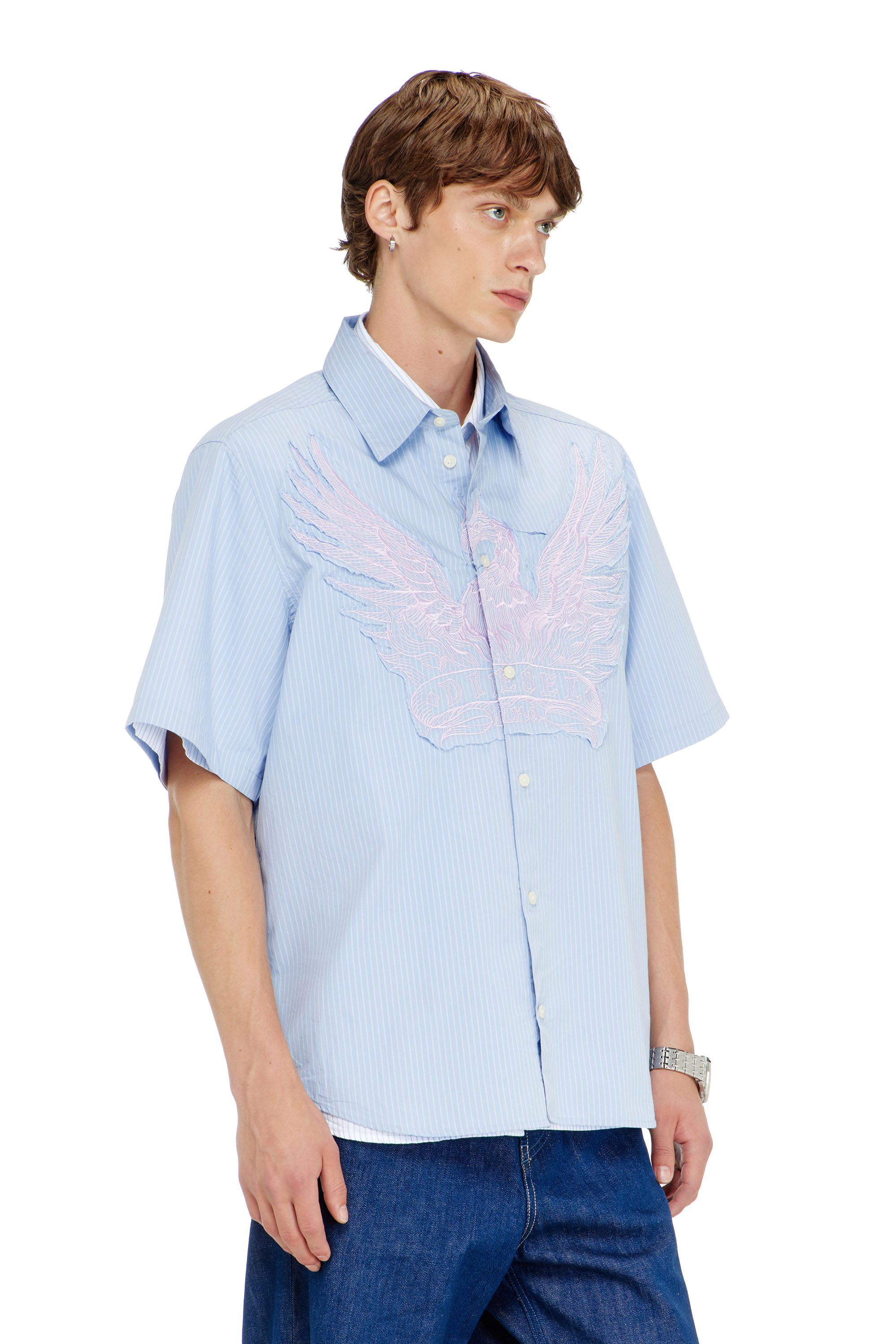 Diesel - S-SIMPLY-SS-AGCZ, Herren Gestreiftes Popeline-Hemd mit Stickpatch in Hellblau - 1