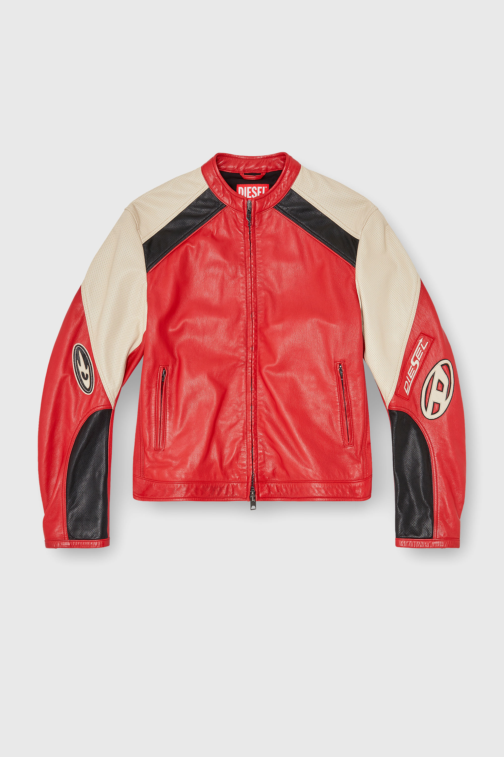 Diesel - L-AHTI, Man's Biker jacket in colour-block perforated leather in Beige/Red - 2