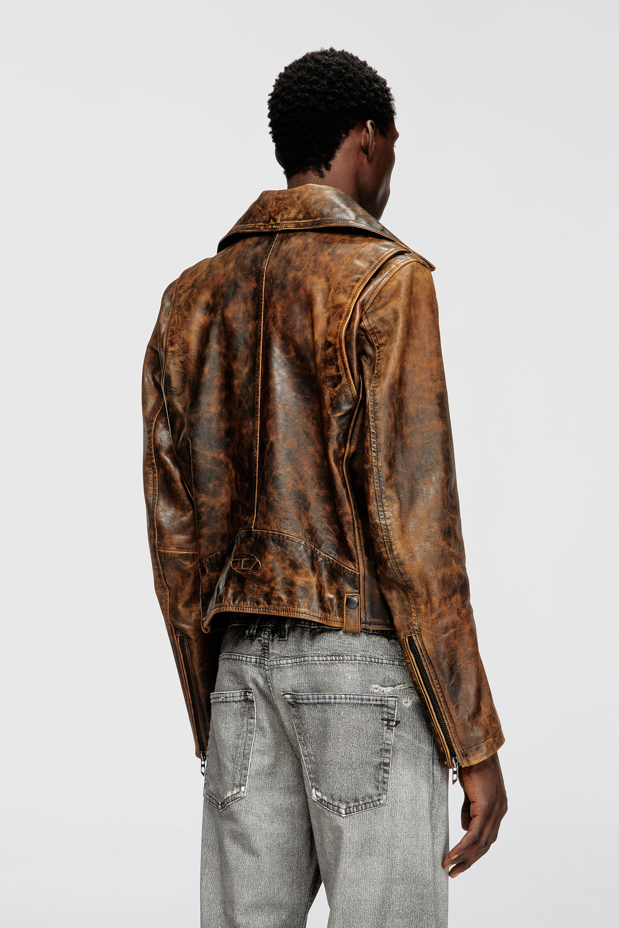 Diesel - L-EON, Giacca biker in pelle trattata Uomo in Marrone - 4