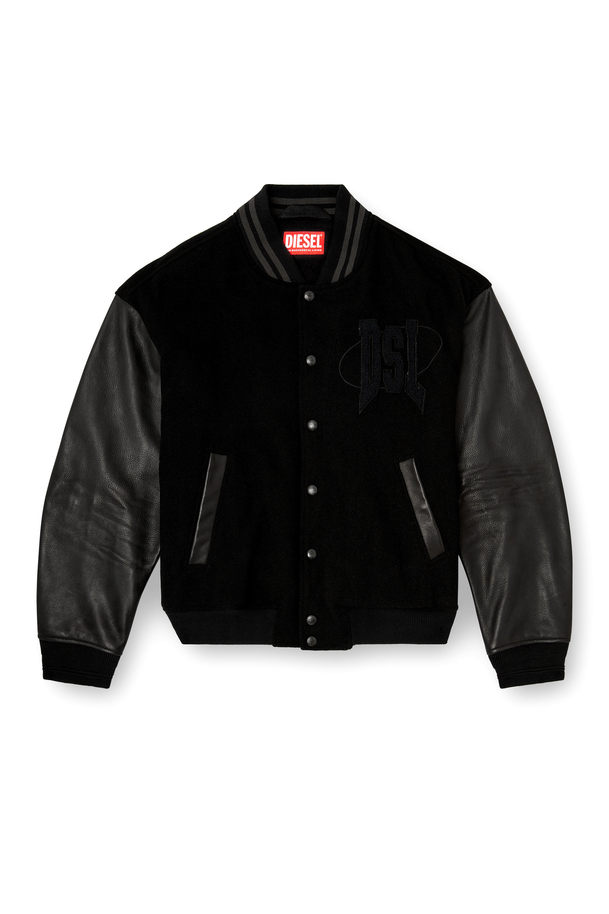 Diesel - L-NYMAN, Bomber varsity in cotone e pelle Uomo in Nero - 3