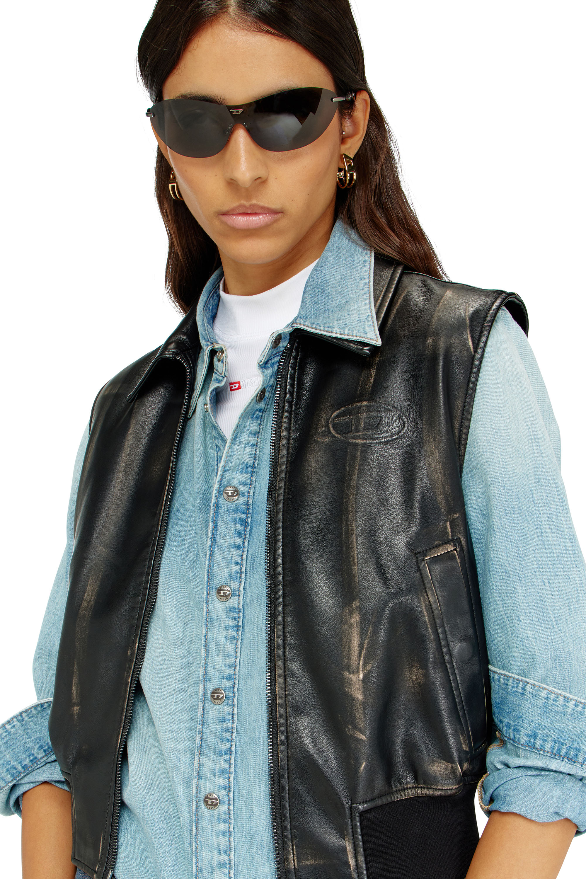 Diesel - G-INKO, Gilet bomber con effetto distressed Donna in Marrone - 5