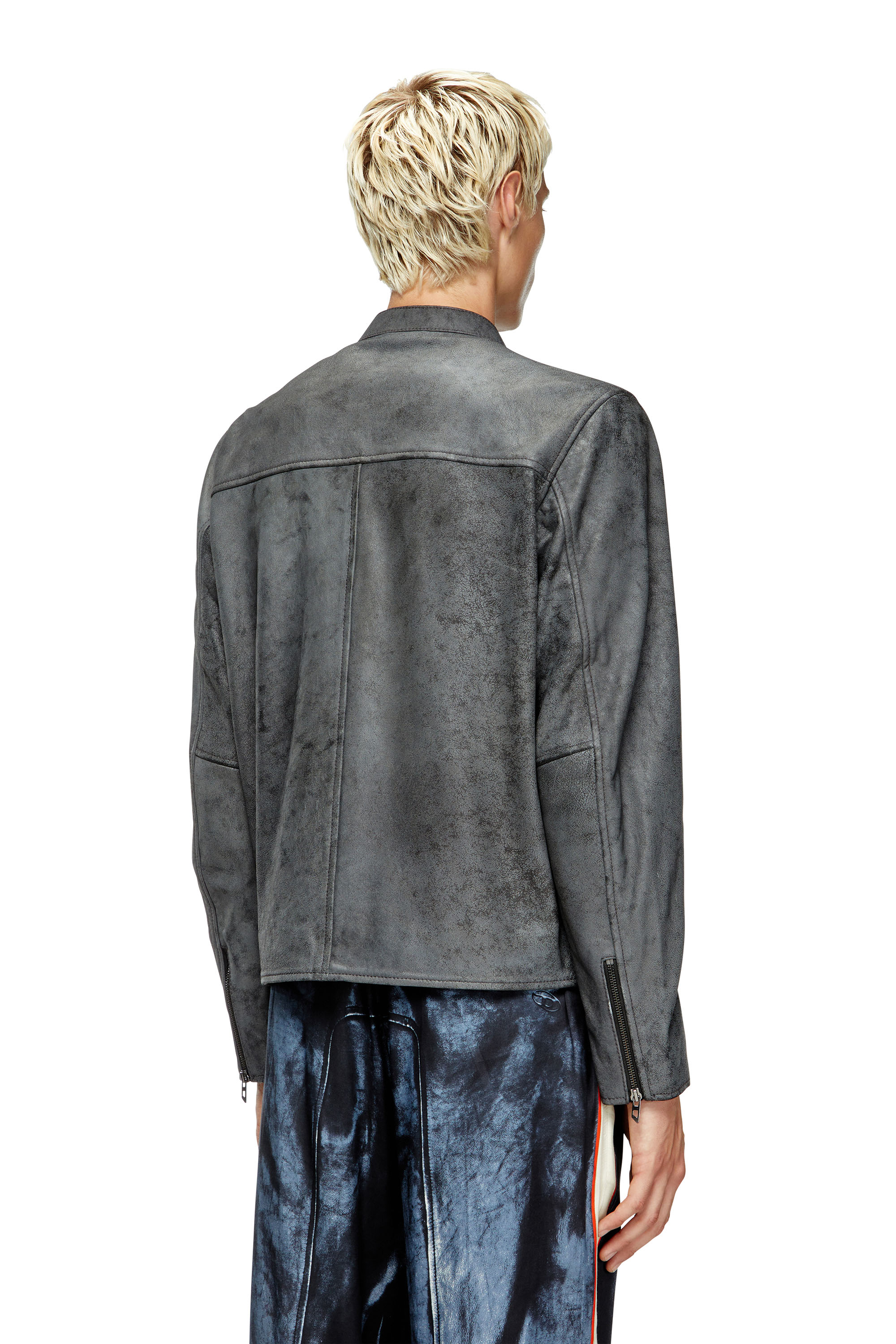 Diesel - L-EVERT-A, Giacca biker in pelle trattata con logo Uomo in Grigio - 4