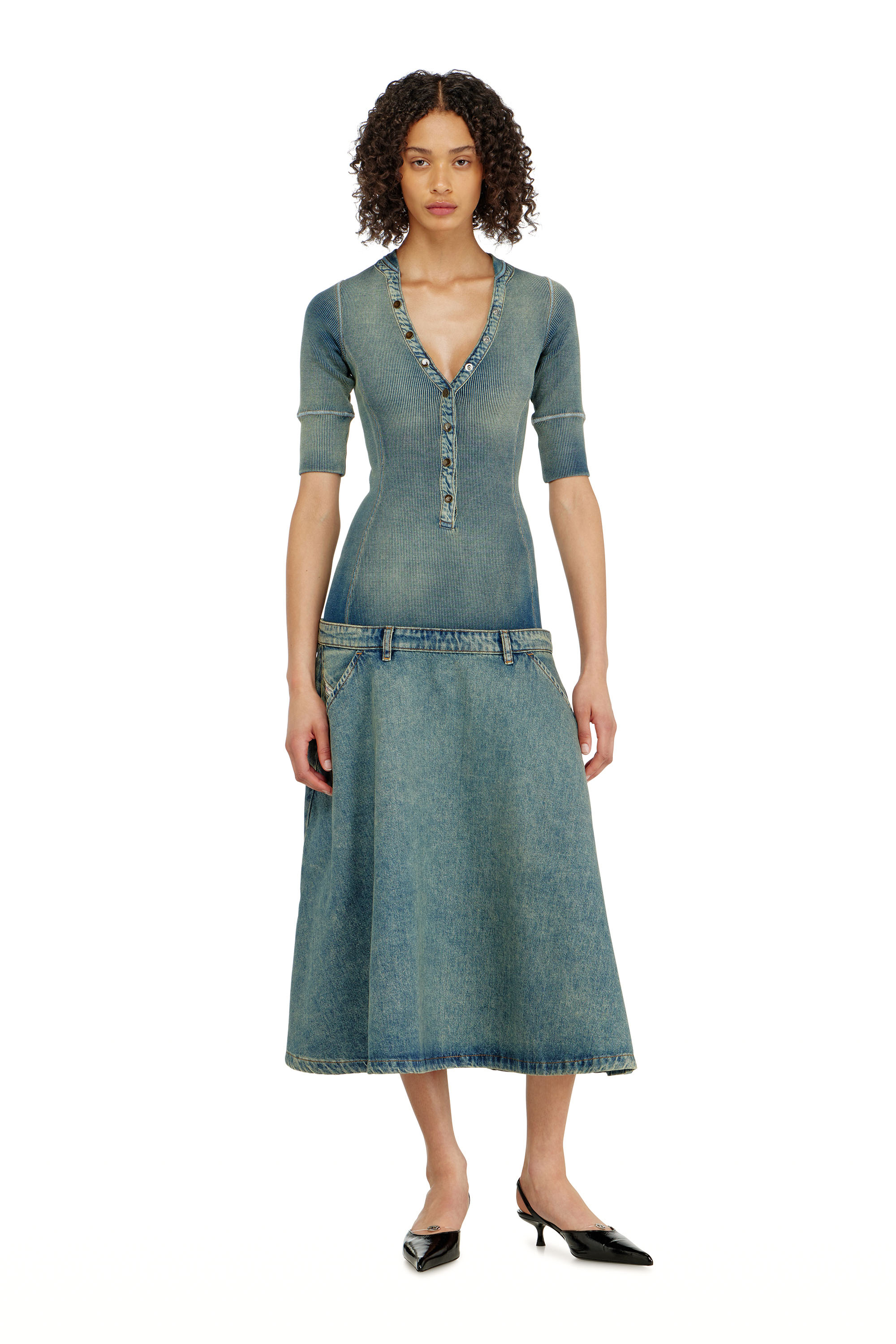 Diesel - DE-ANIM-S, Robe midi &agrave; taille basse en maille et denim Femme in ToBeDefined - 3