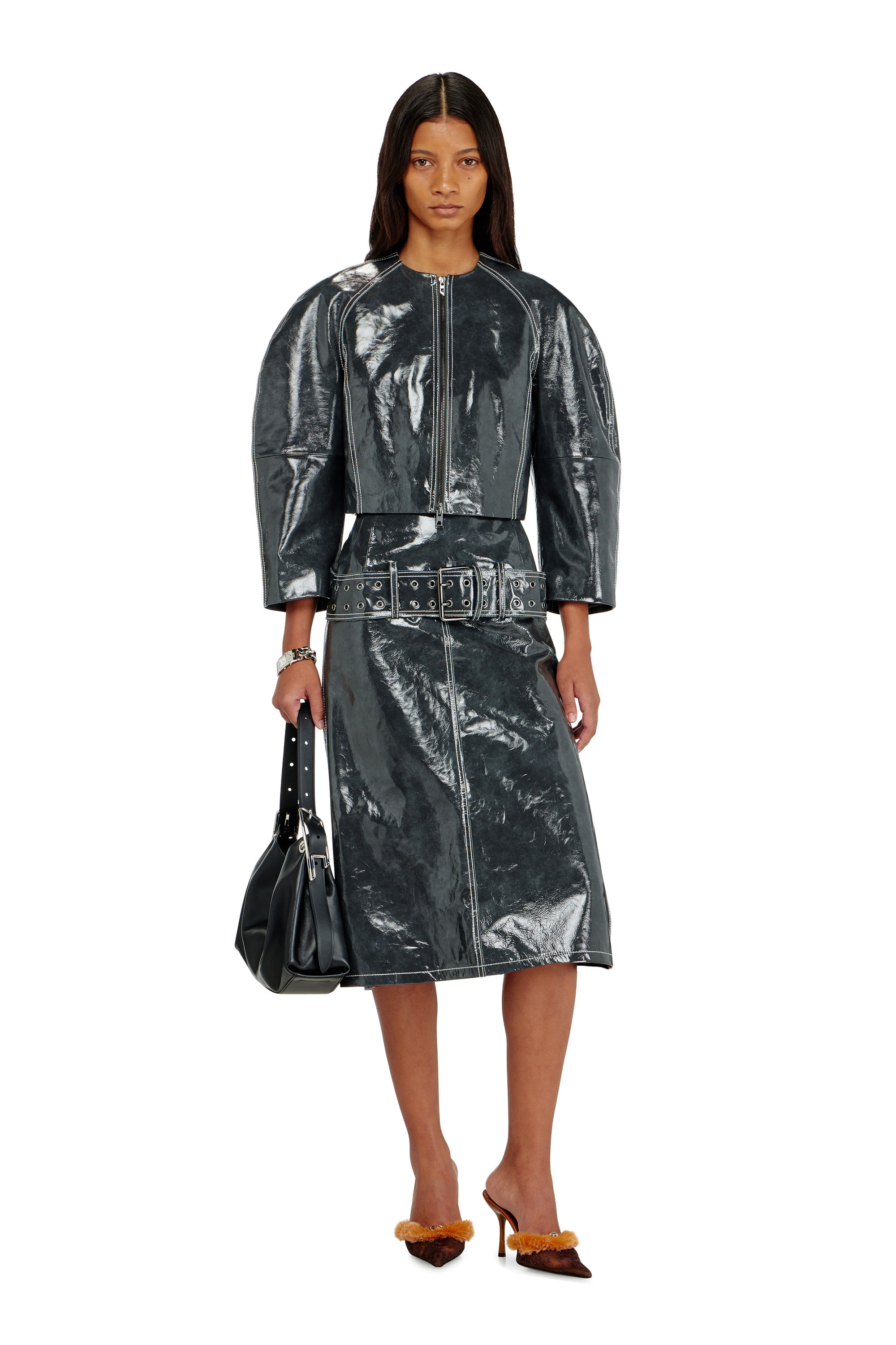 Diesel - L-ANDON, Damen Patent-leather jacket mit Cocoon-&Auml;rmeln in Dunkelgrau - 2