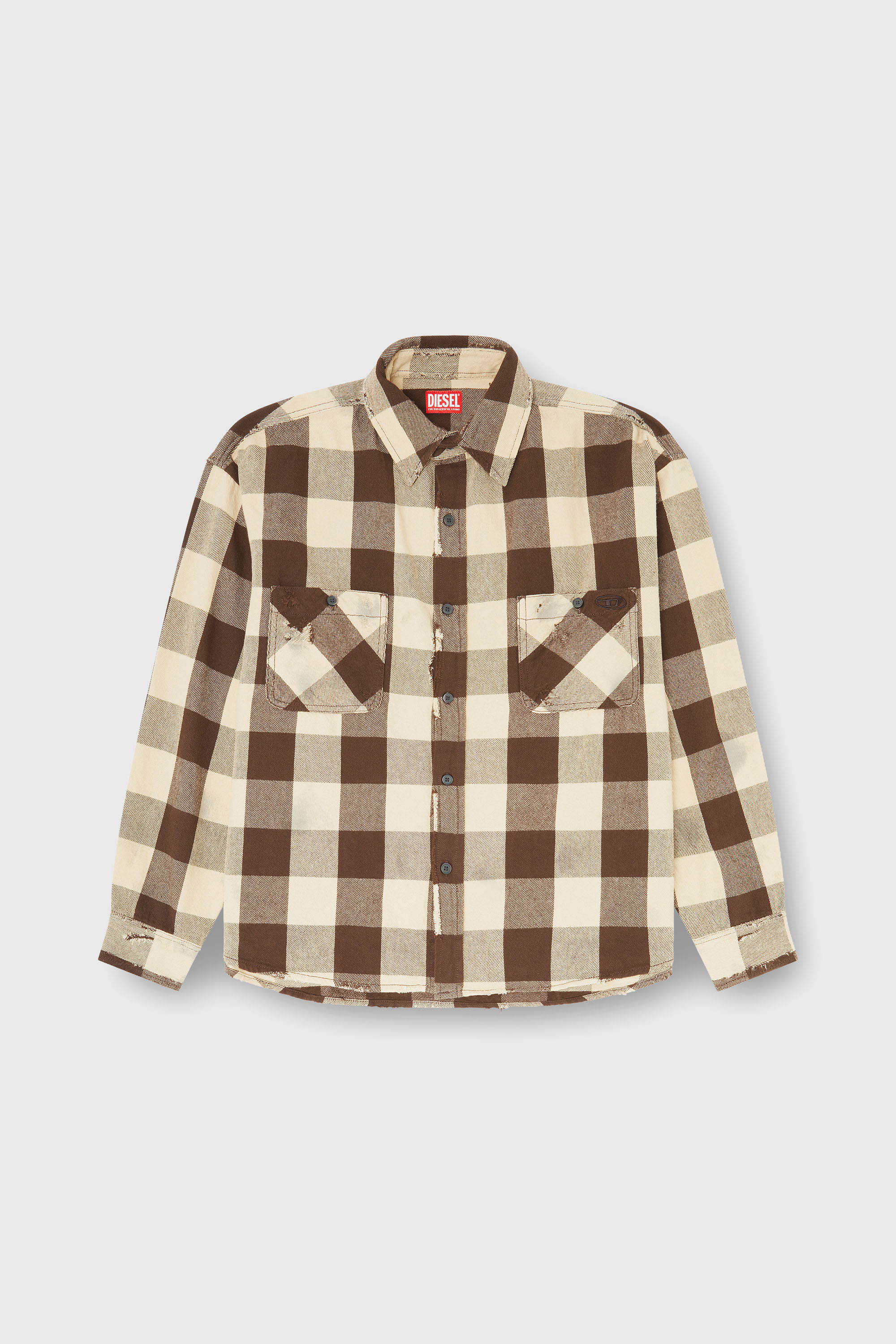 Diesel - S-DRUM, Man's Check flannel shirt with distressed effect in Beige/Brown - 1