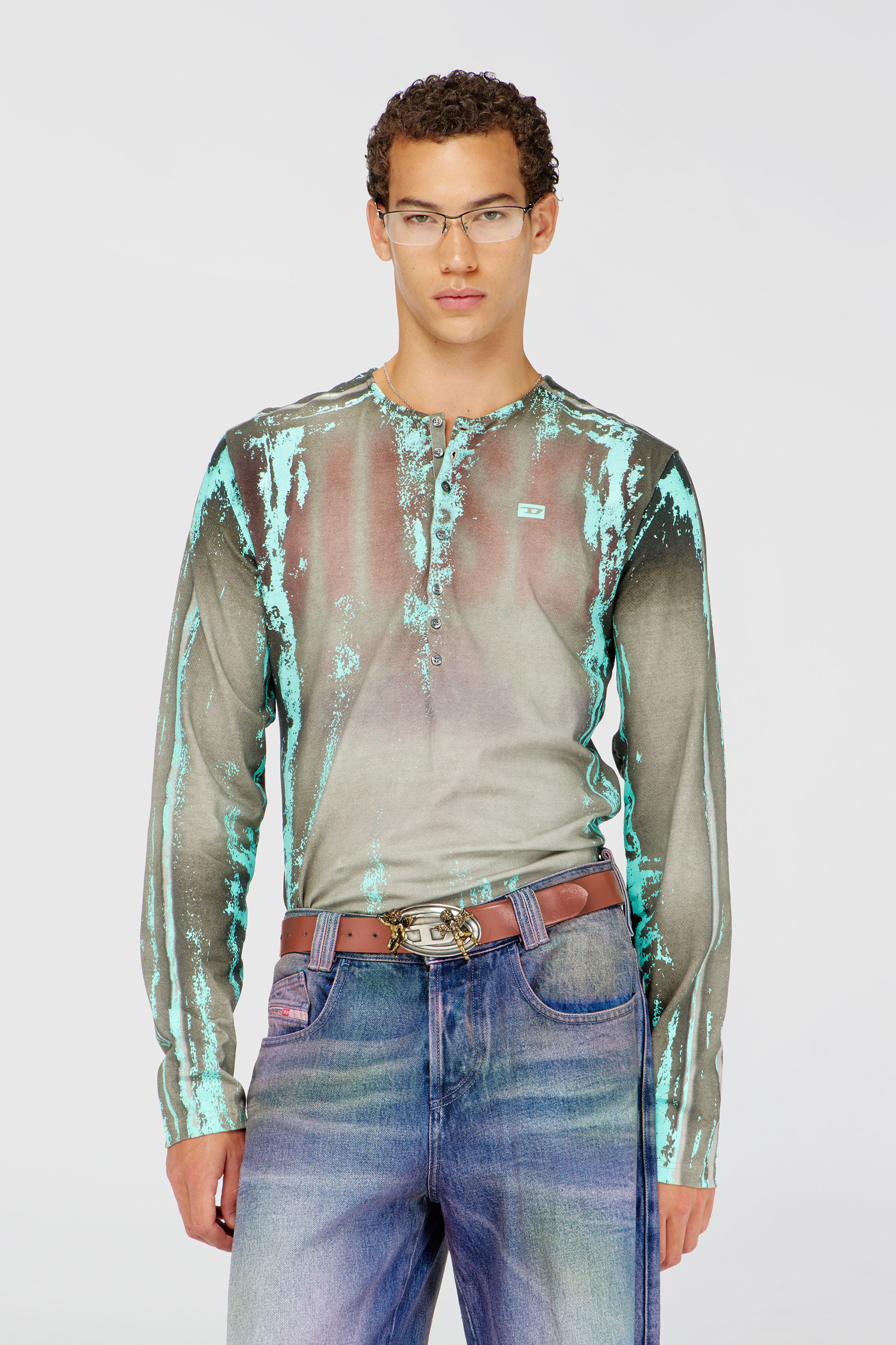 Diesel - T-FYNO-ML, Grandad T-shirt in jersey effetto pelle craquel&eacute; Uomo in Multicolor - 1