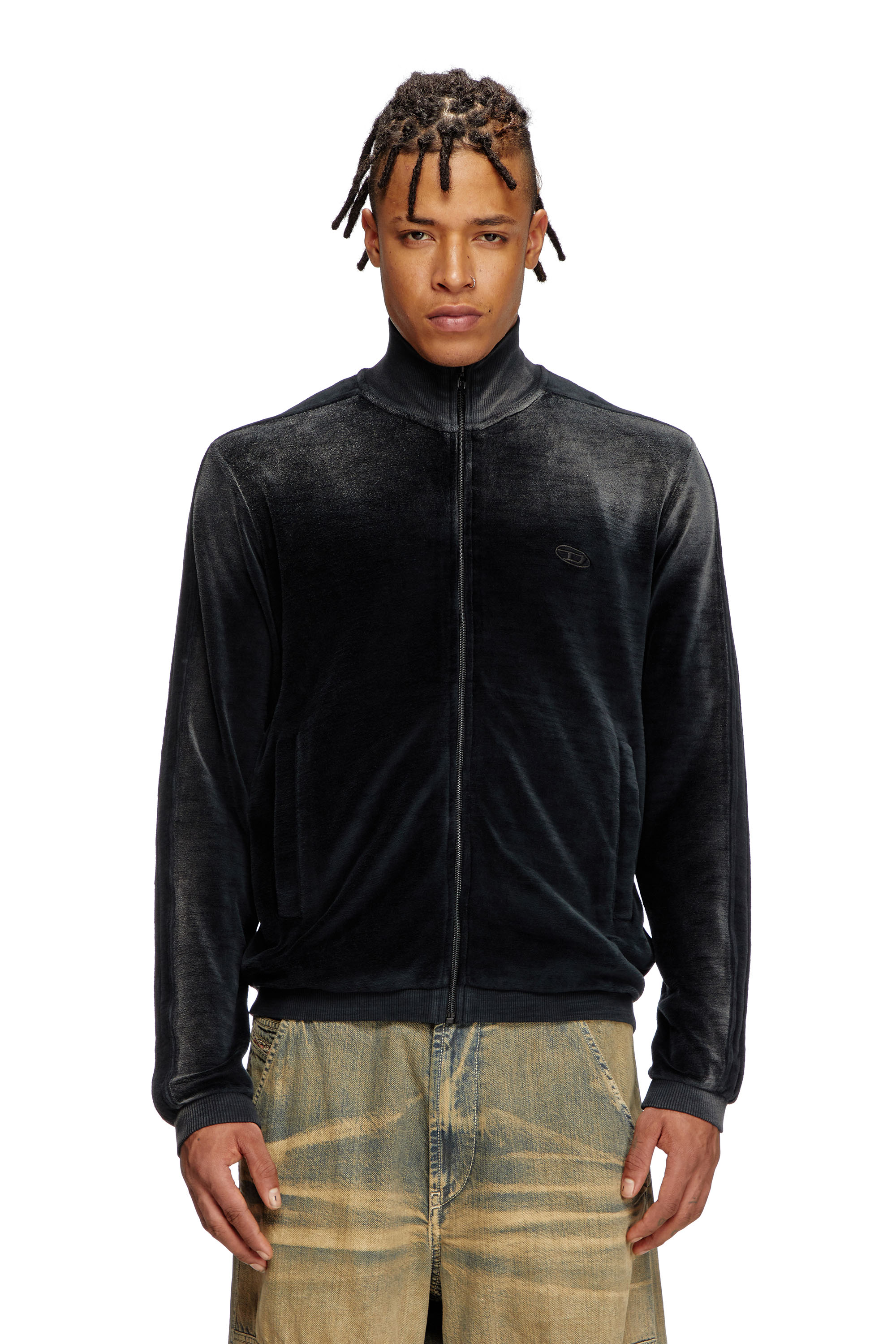 Diesel - S-OLOCK-BAND, Veste de survêtement en chenille délavée Homme in Noir - 1