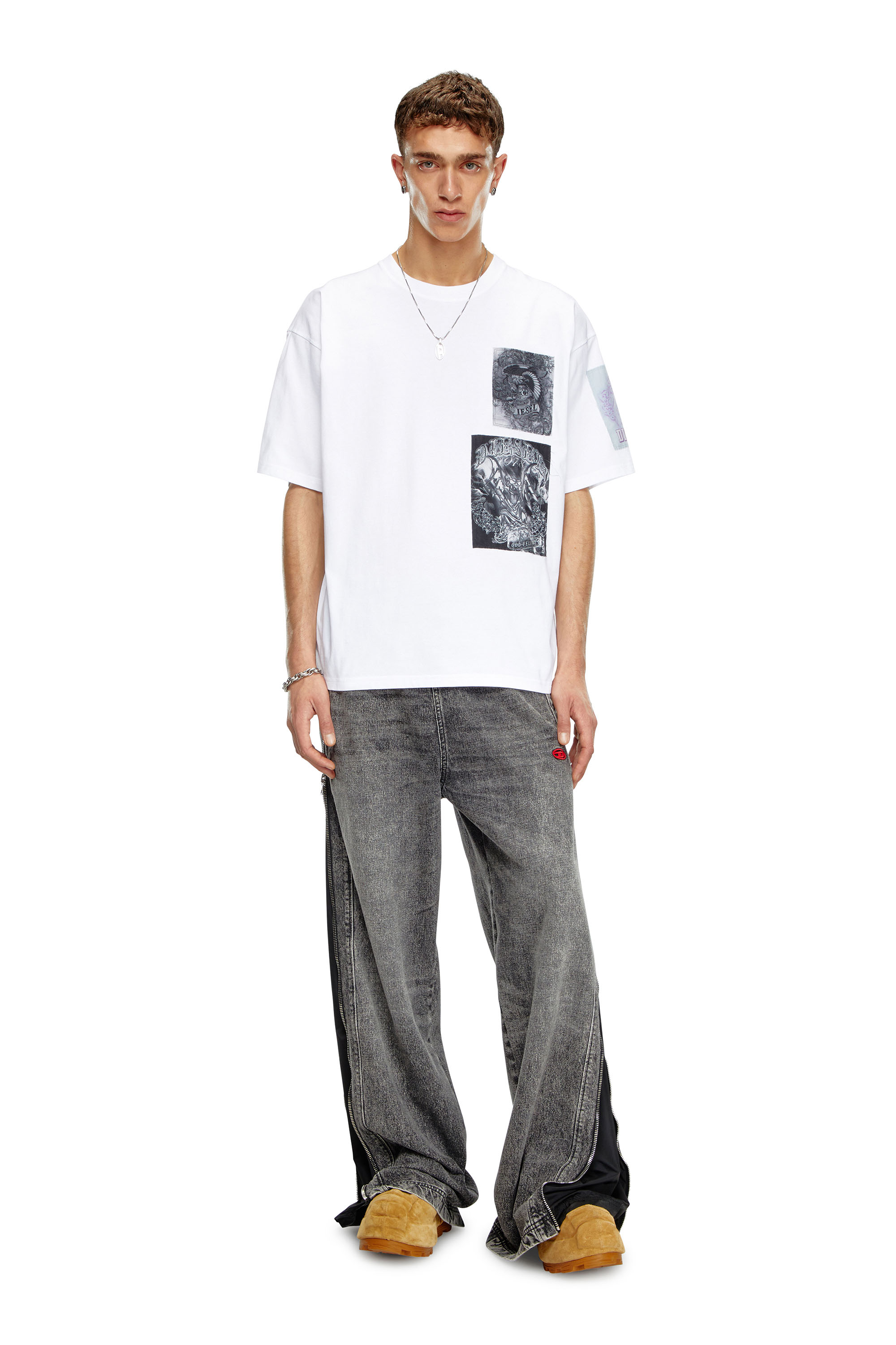 Diesel - T-BOXT-SLITS-Q10, T-shirt avec empiècements imprimés coupés brut Homme in Blanc - 2