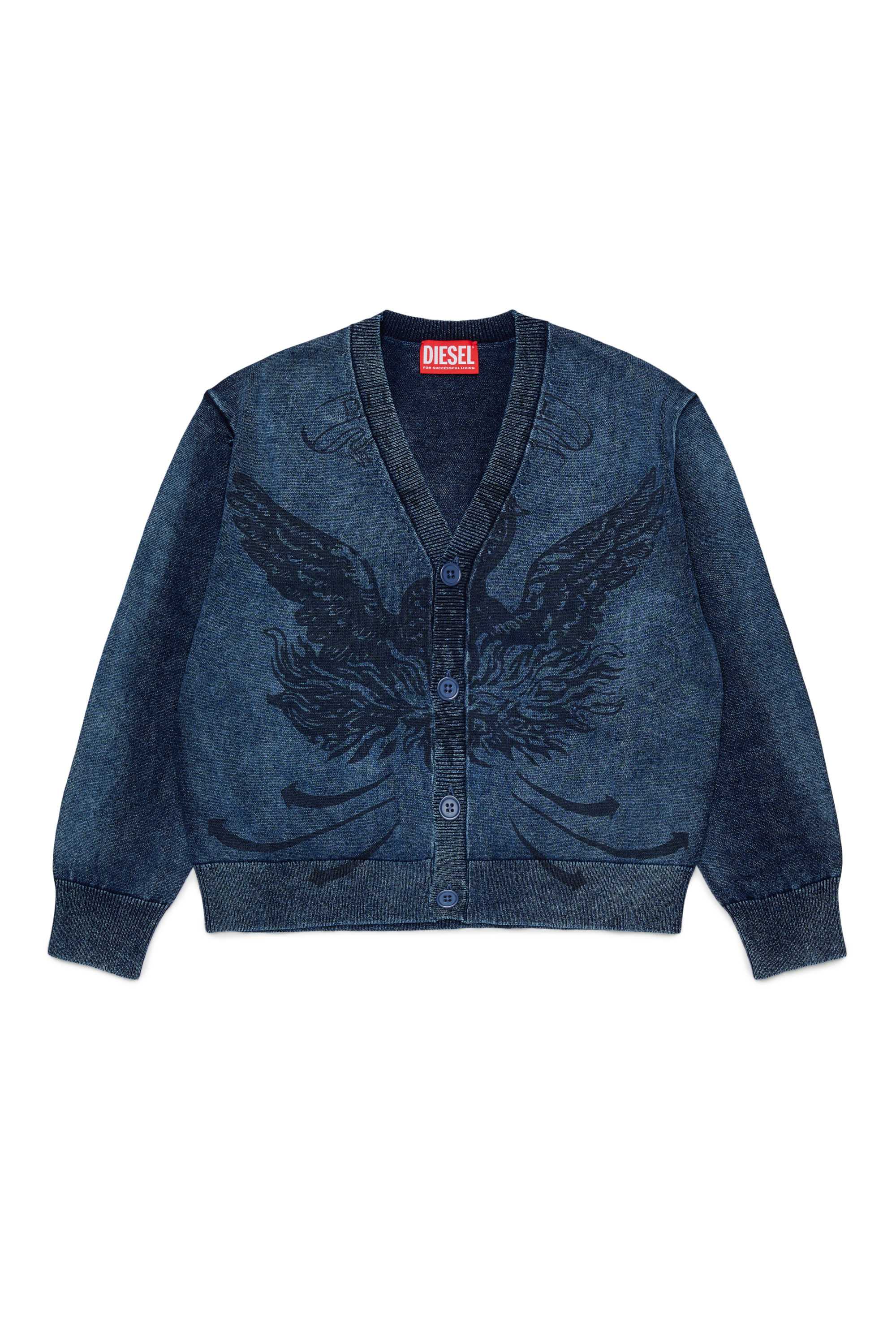 Diesel - KFINNIC CARDIGAN OVER, Herren Cardigan in Denim-Optik mit Ph&ouml;nix-Motiv in Dunkelblau - 1