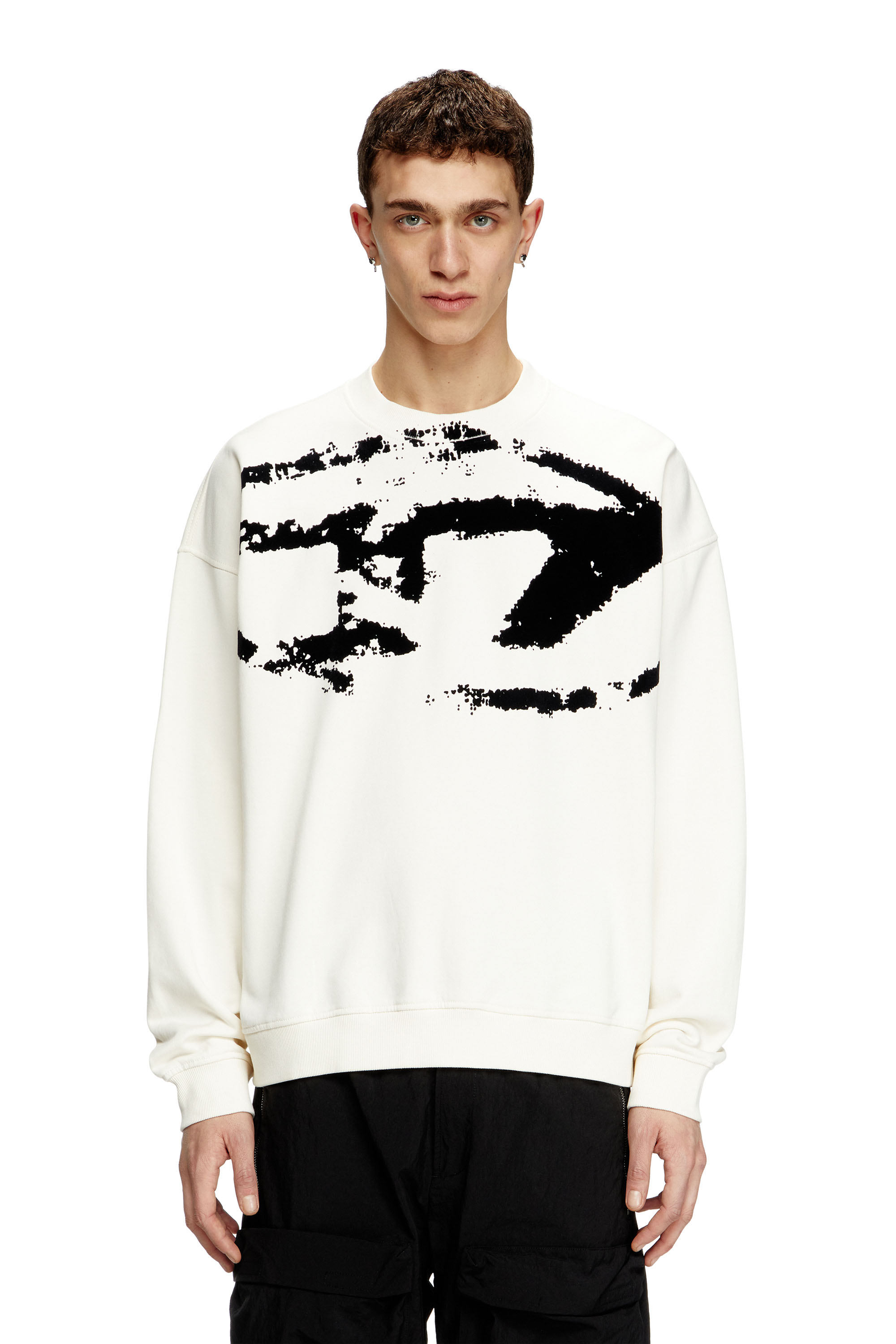 Diesel - S-BOXT-N5, Herren Sweatshirt mit beflocktem Distressed-Logo in Weiss/Schwarz - 1