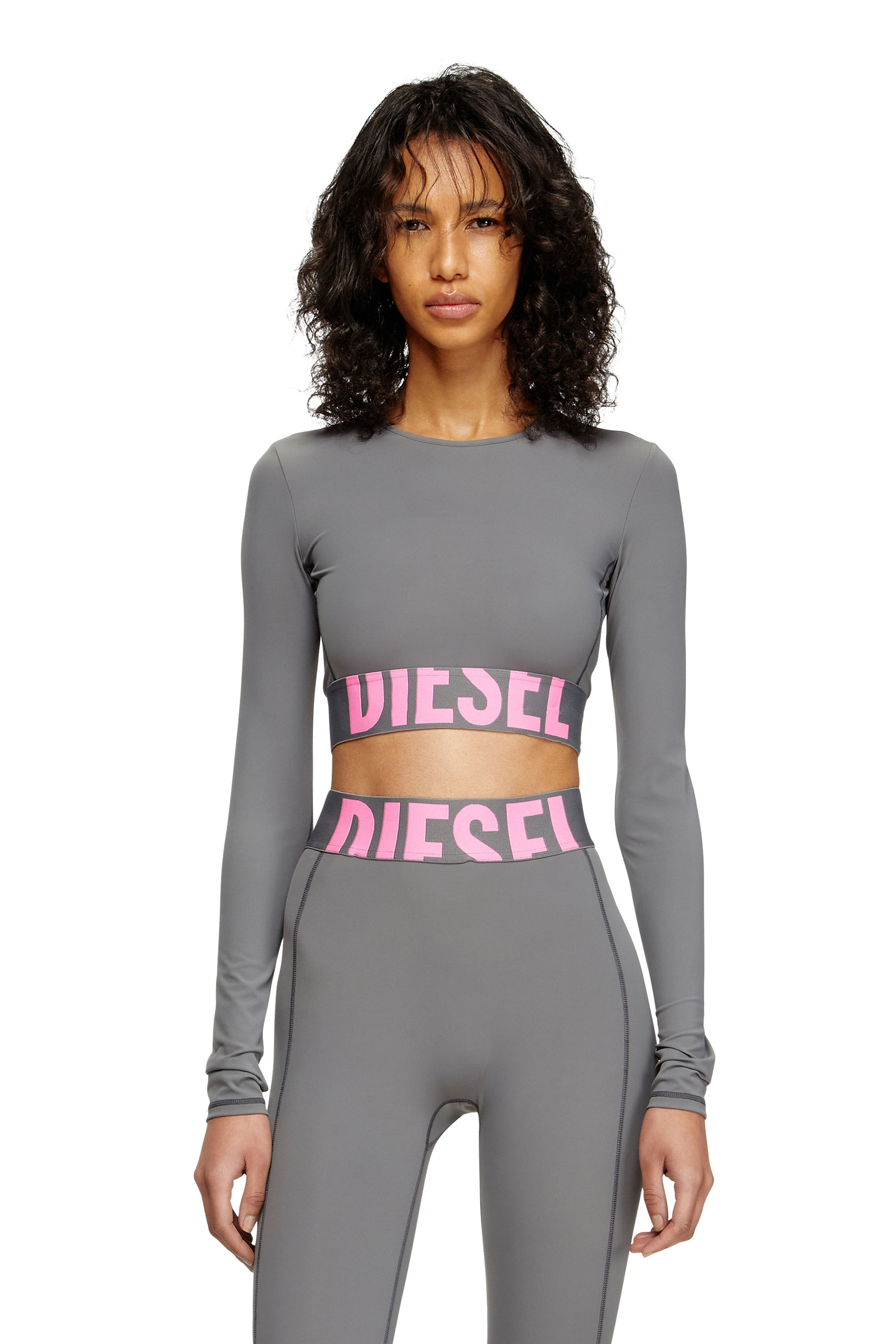 Diesel - MELISSA-D-POP, Top cropped en microfibre avec logo tronqué Femme in Gris - 1