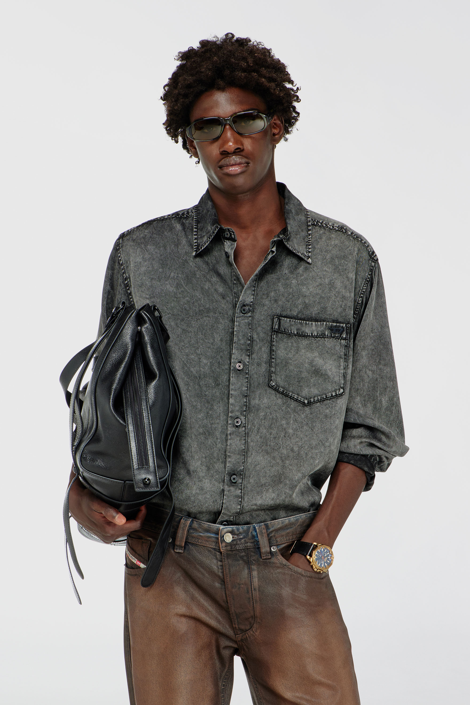 Diesel - S-SIMPLY-NIBC, Camicia fluida in viscosa effetto denim Uomo in Nero - 3