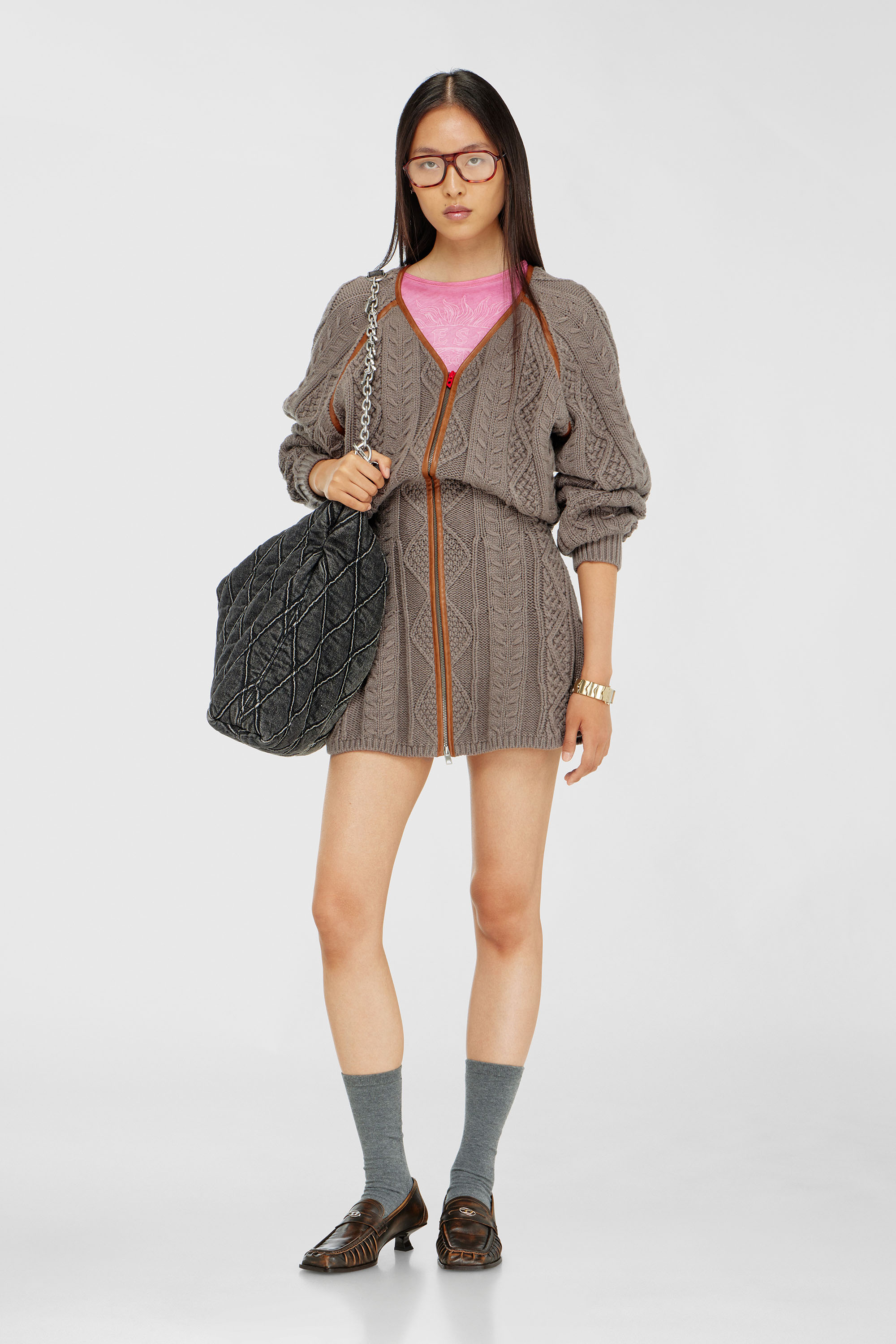 Diesel - M-INTESSE, Robe cardigan courte en maille torsad&eacute;e Femme in Gris - 1