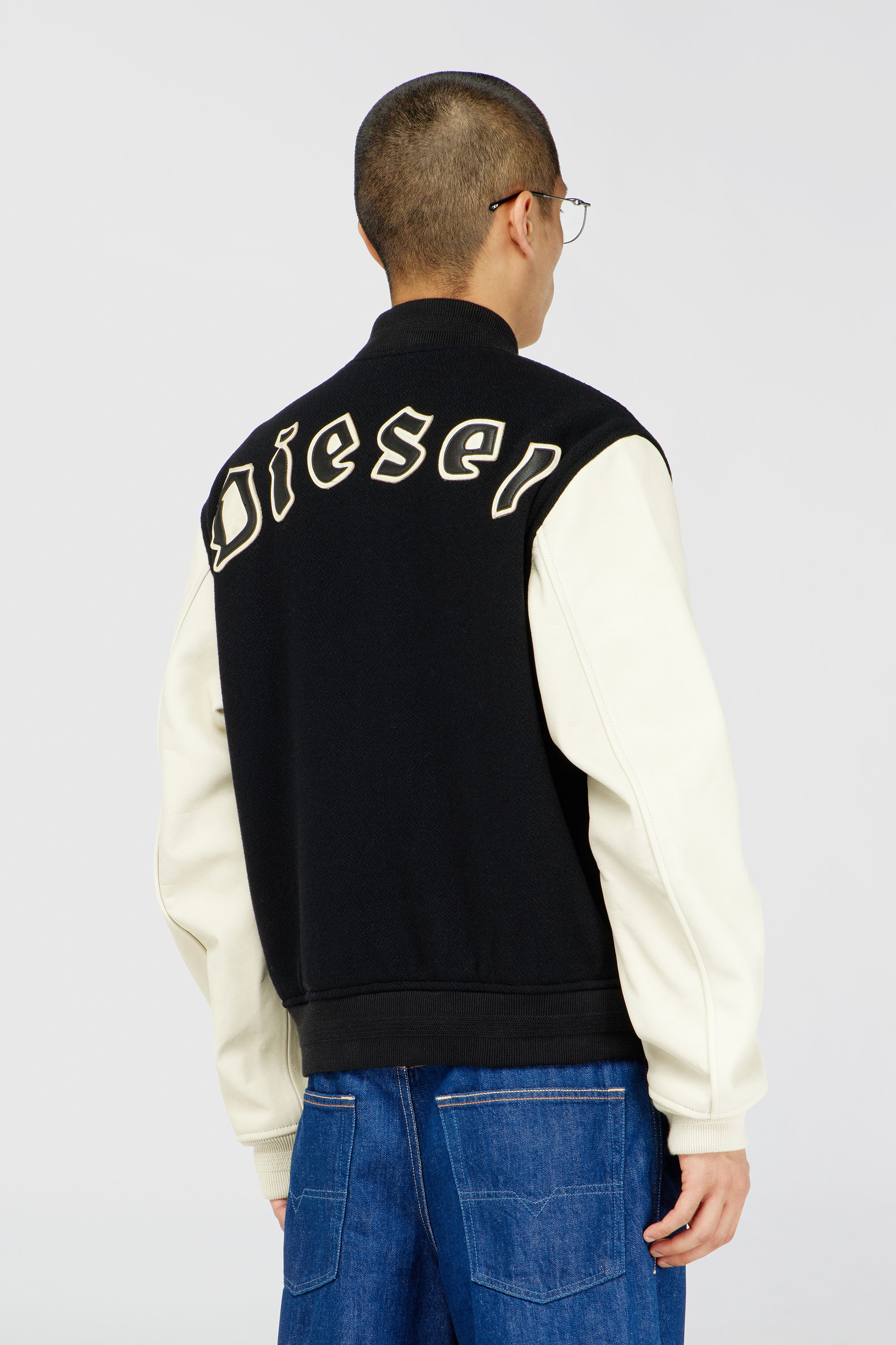 Diesel - L-ARRY-WRD, Herren Bomberjacke aus Wollmischung und Leder in Schwarz/Weiss - 4