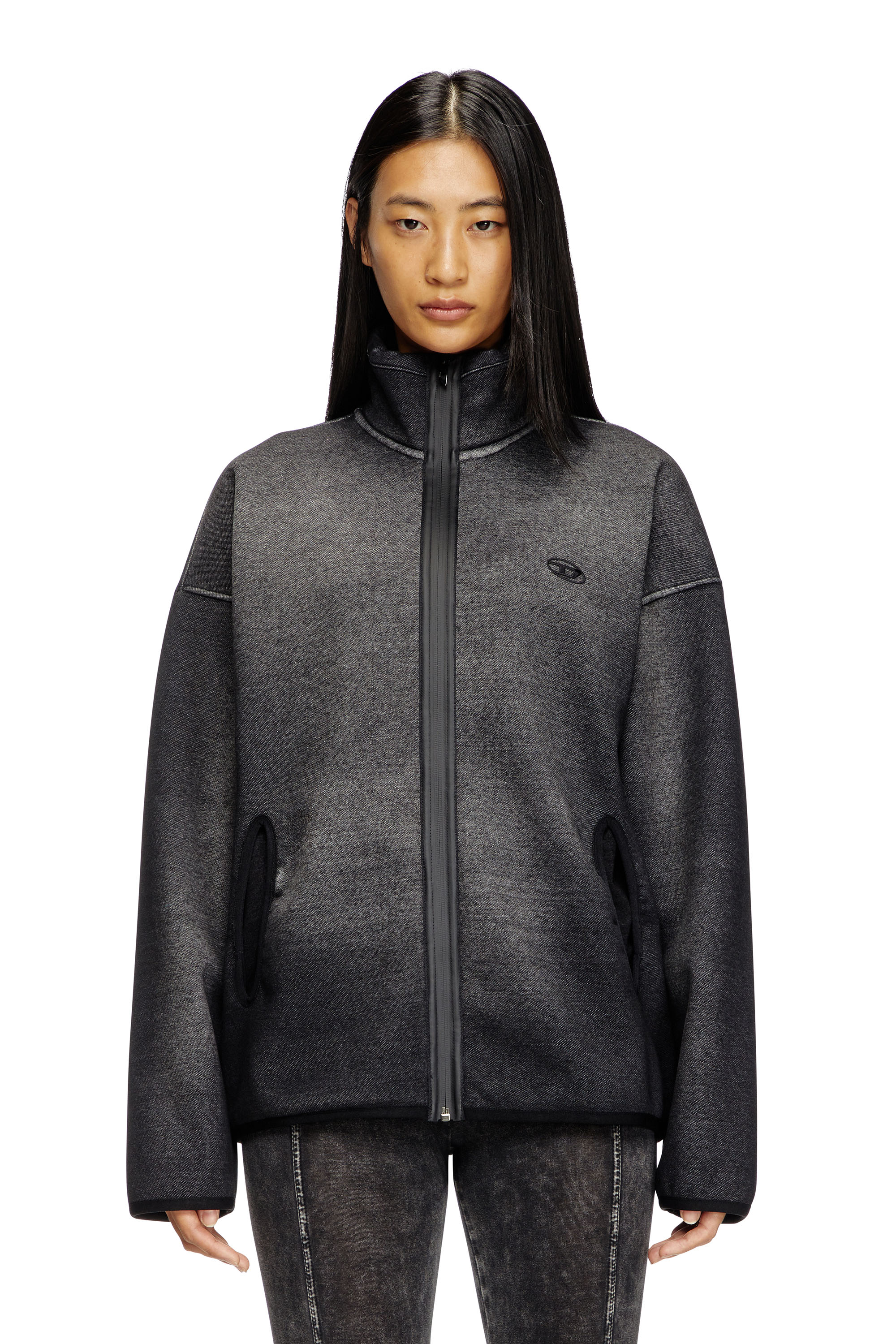 Diesel - S-BATY, Unisex Sweatshirt mit Rei&szlig;verschluss aus Jacquard mit Denim-Effekt in Schwarz - 6