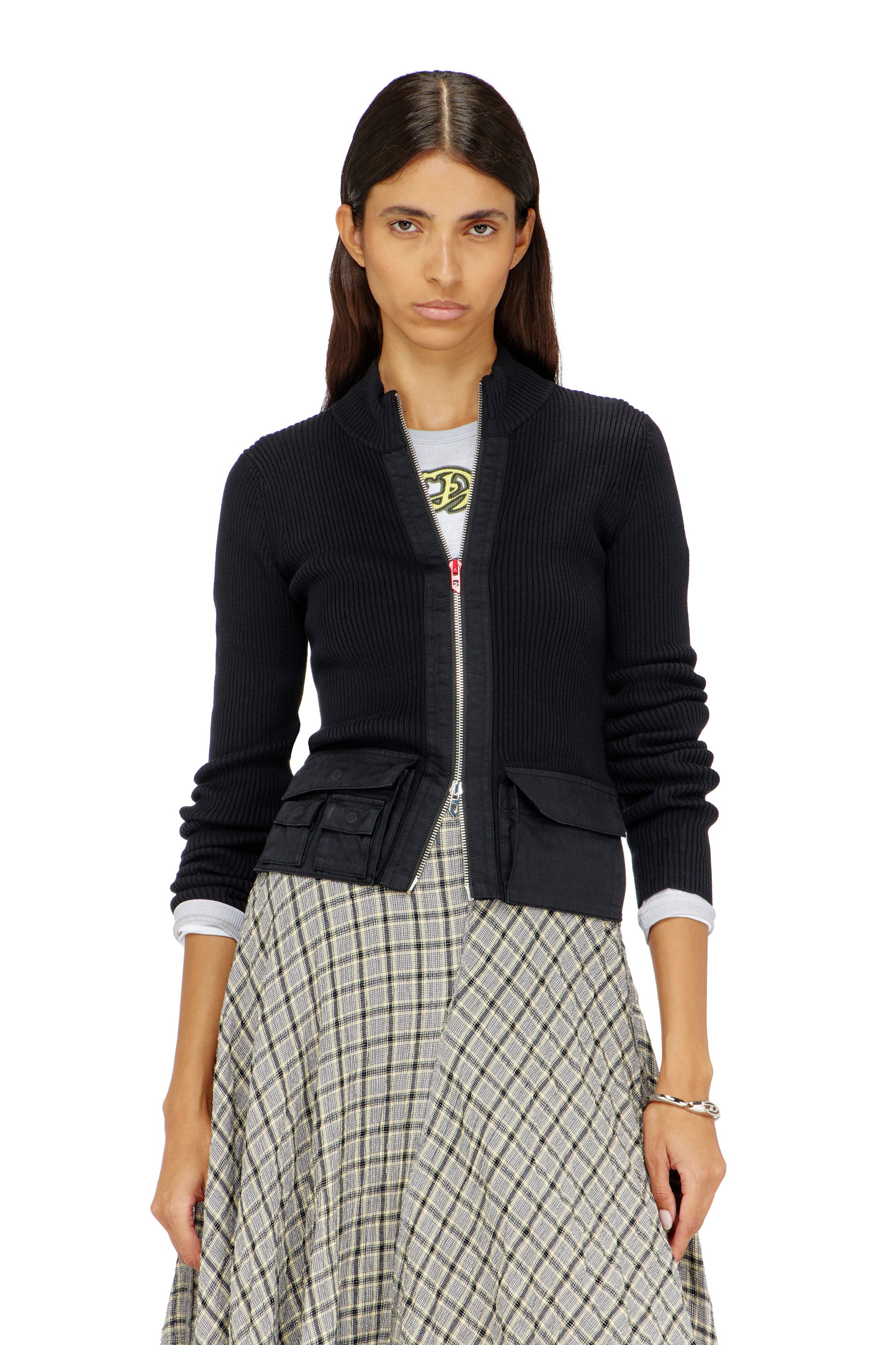 Diesel - M-MELISSA, Cardigan a costine con tasche cargo Donna in Nero - 1