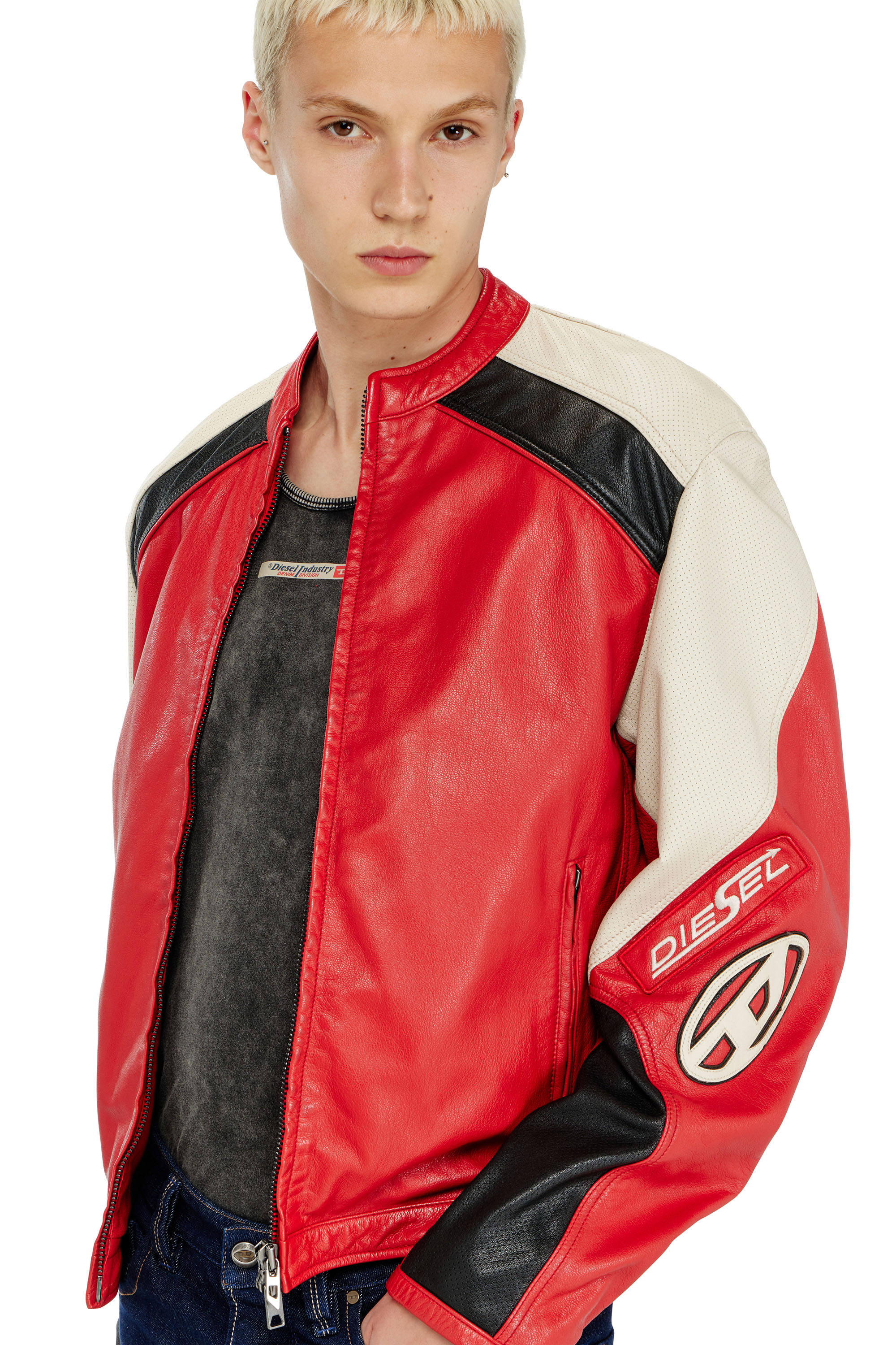Diesel - L-AHTI, Veste biker en cuir perfor&eacute; bicolore Homme in Polychrome - 5