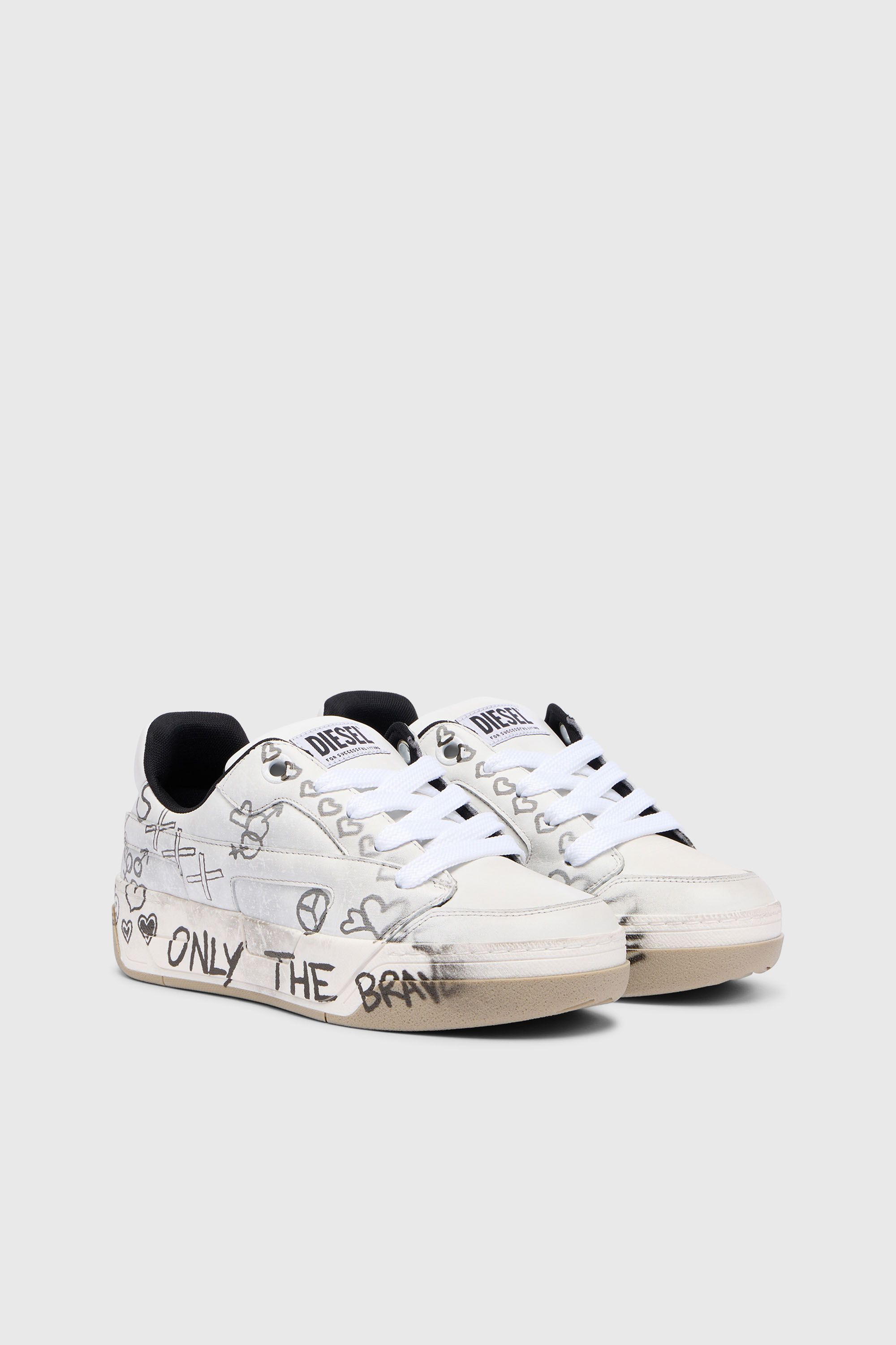 Diesel - S-D-OLLIE LOW W, Damen D-Ollie-Ledersneaker mit Graffiti-Print in Wei&szlig;/Braun - 2