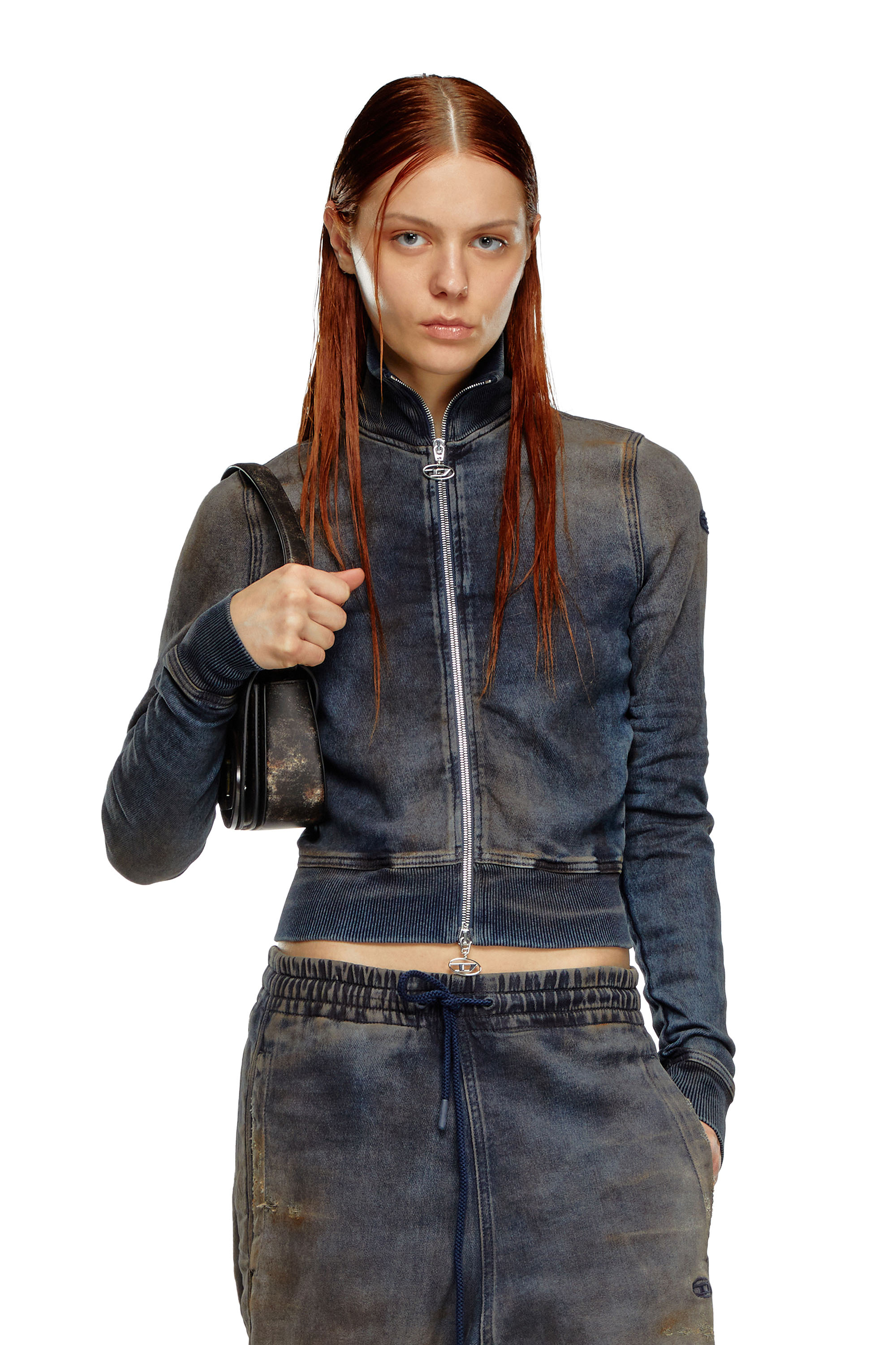 Diesel - D-EMY TRACK, Woman Zip-up sweatshirt in distressed Track Denim in Blue - Image 1