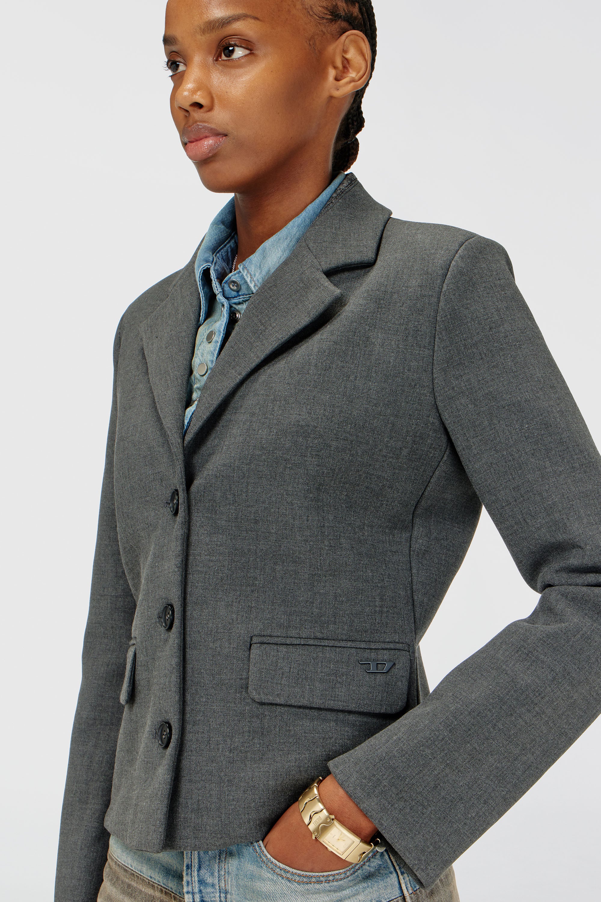 Diesel - G-LINTY, Blazer court &agrave; col orn&eacute; de denim Femme in Gris - 1