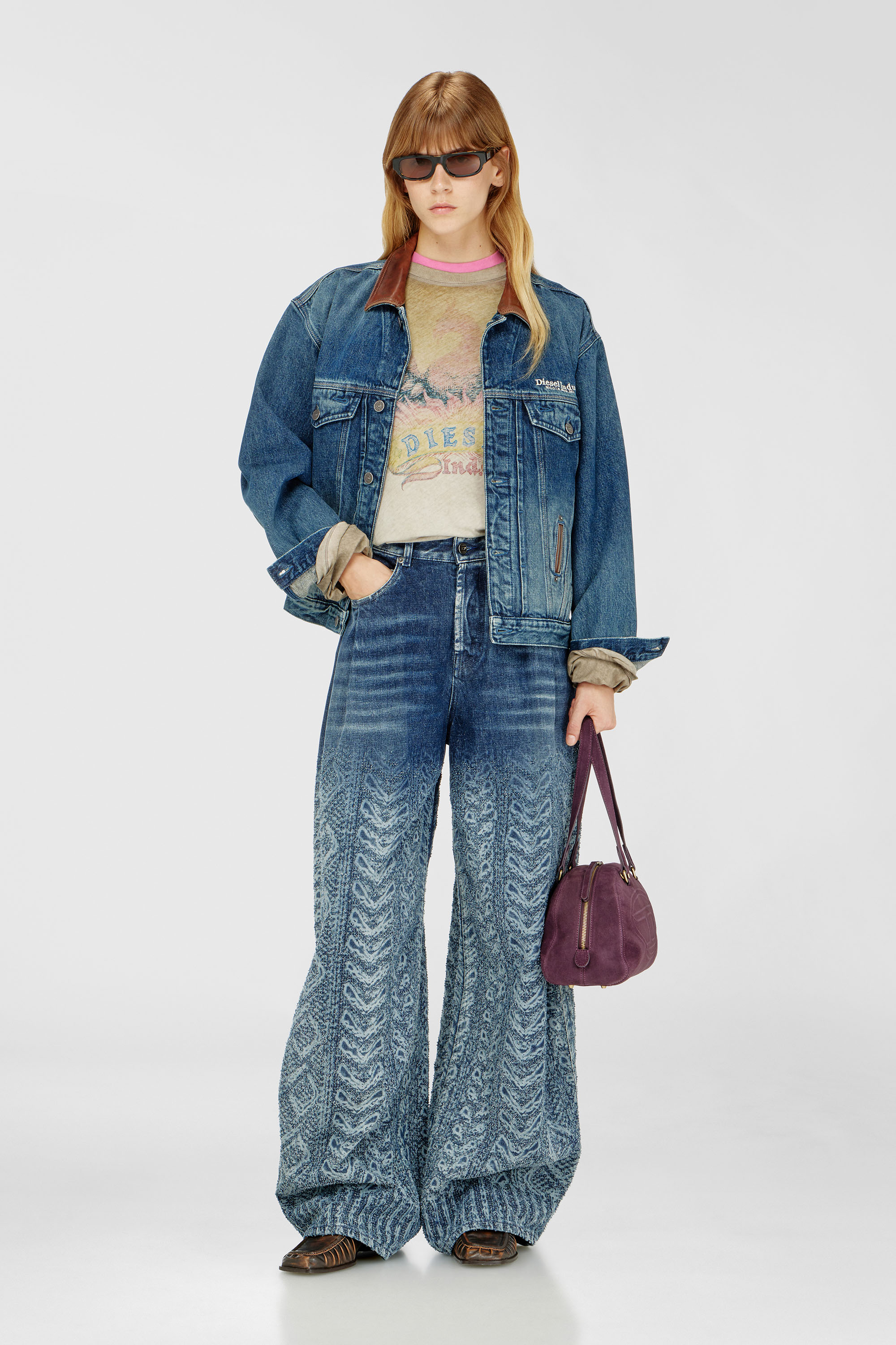 Diesel - D-DENVER-S1, Veste en denim de type trucker avec garnitures en cuir contrastant. Mixte in Bleu - 2
