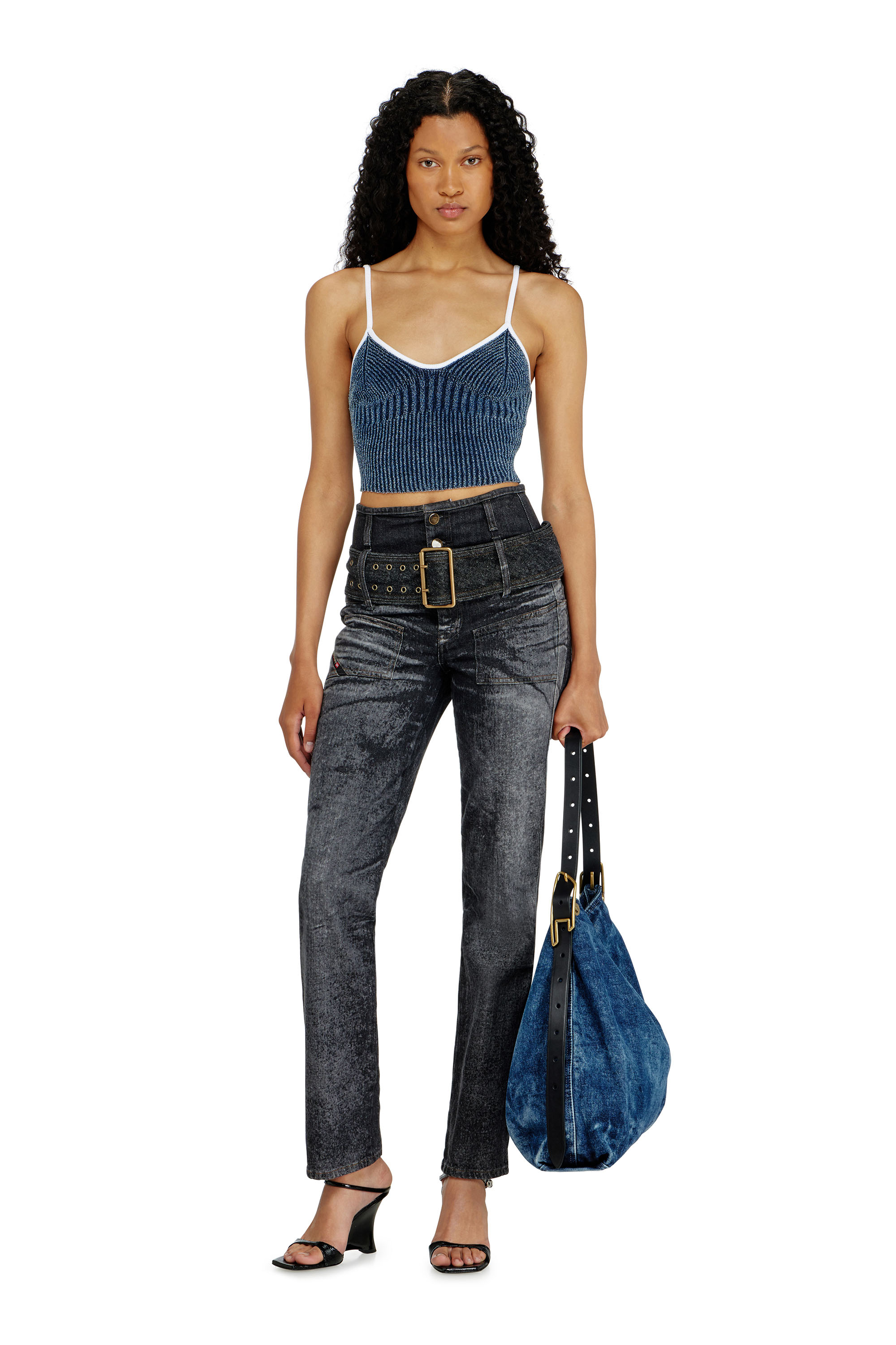 Diesel - M-ESTERE, Damen Crop-Top aus indigo boucl&eacute; Rippstrick in Blau/Weiss - 1
