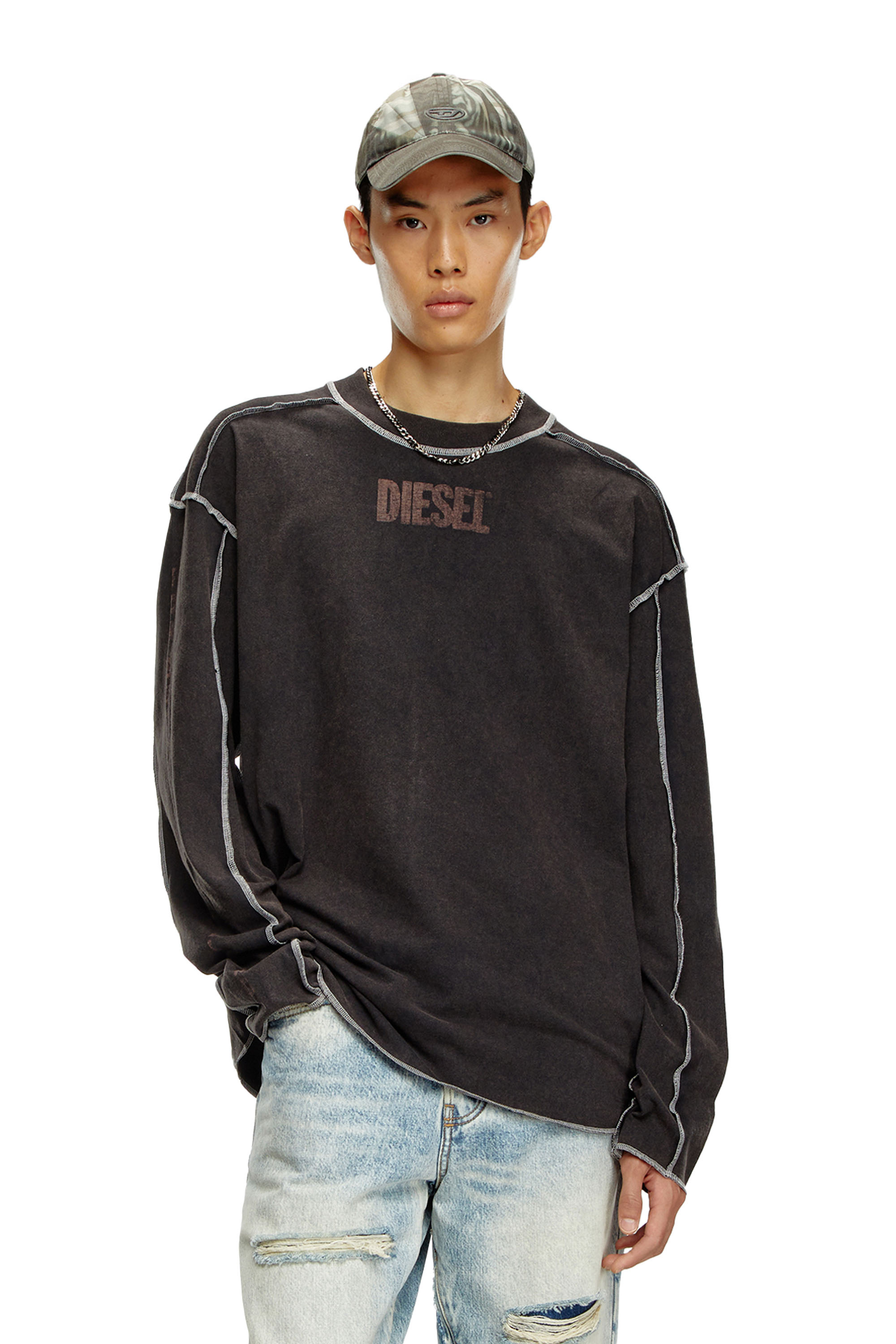 Diesel - T-CRAOR-LS, Homme T-shirt à manches longues avec effet « inside-out » in Gris - Image 1