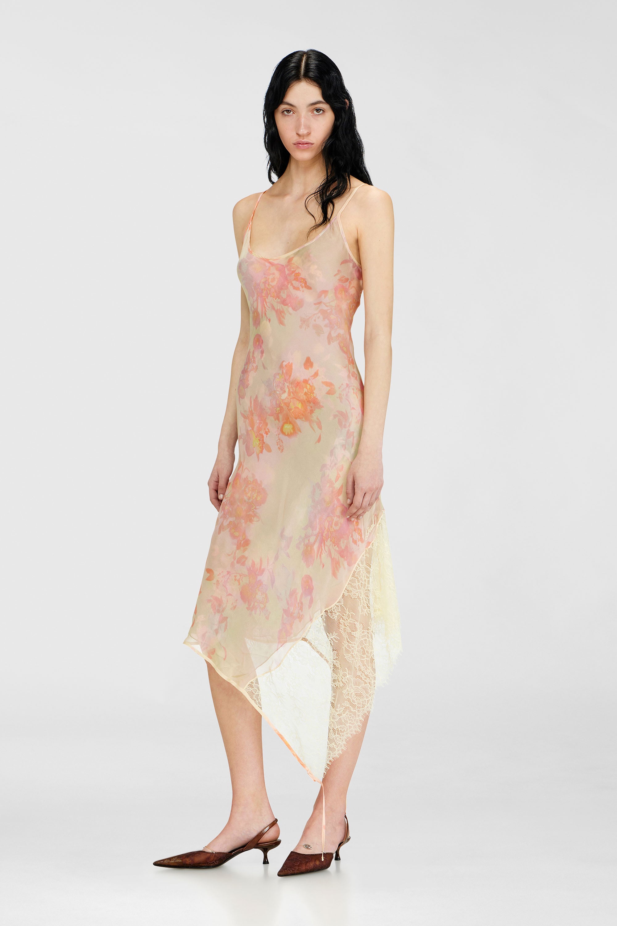 Diesel - D-ANCEL, Woman's Midi slip dress with floral print and lace trim in Pink/Yellow - 1
