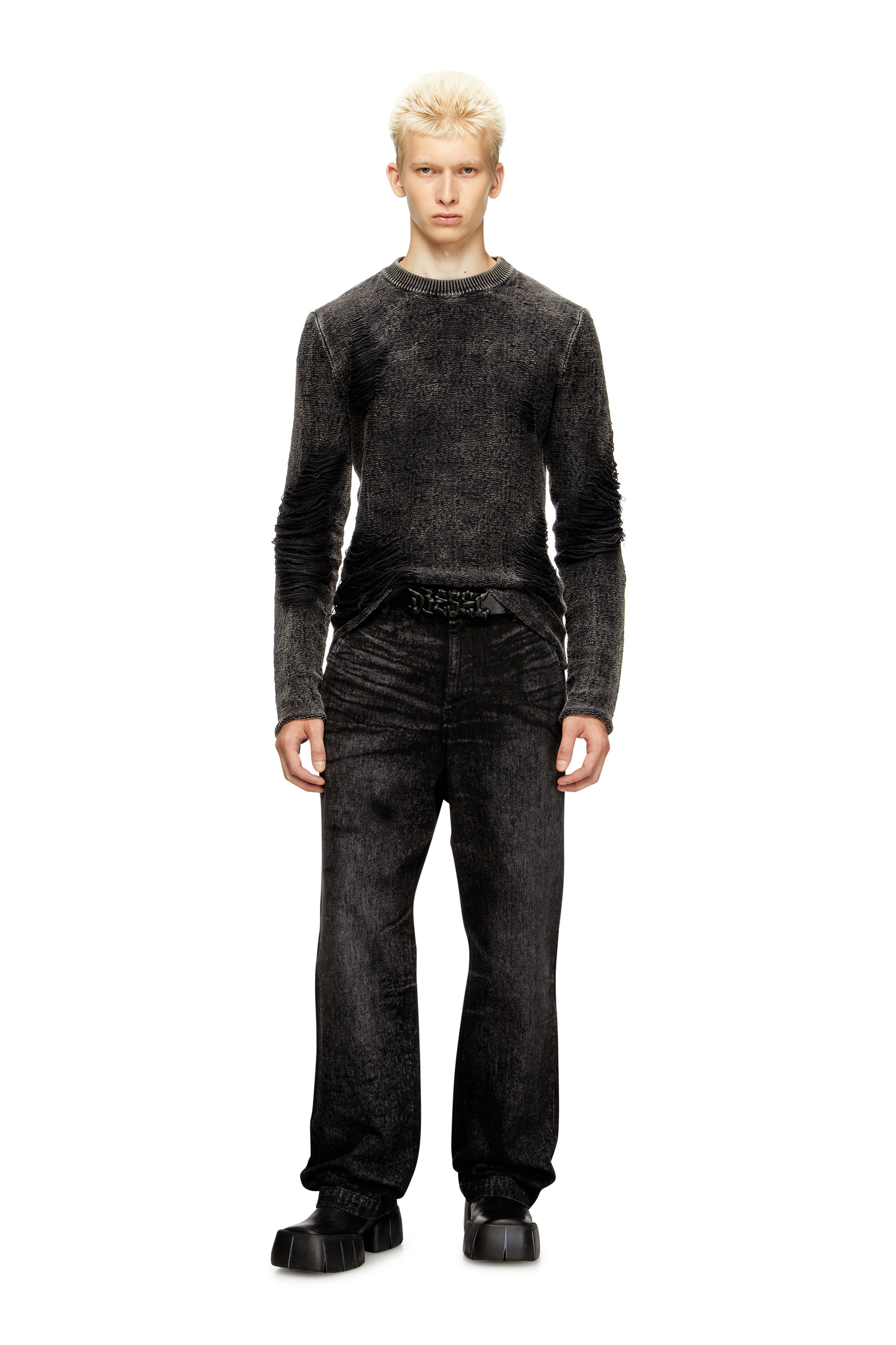 Diesel - K-FJORDI-ROUND, Herren Destroyed-Pullover mit schwebenden Garnen in Schwarz - 2