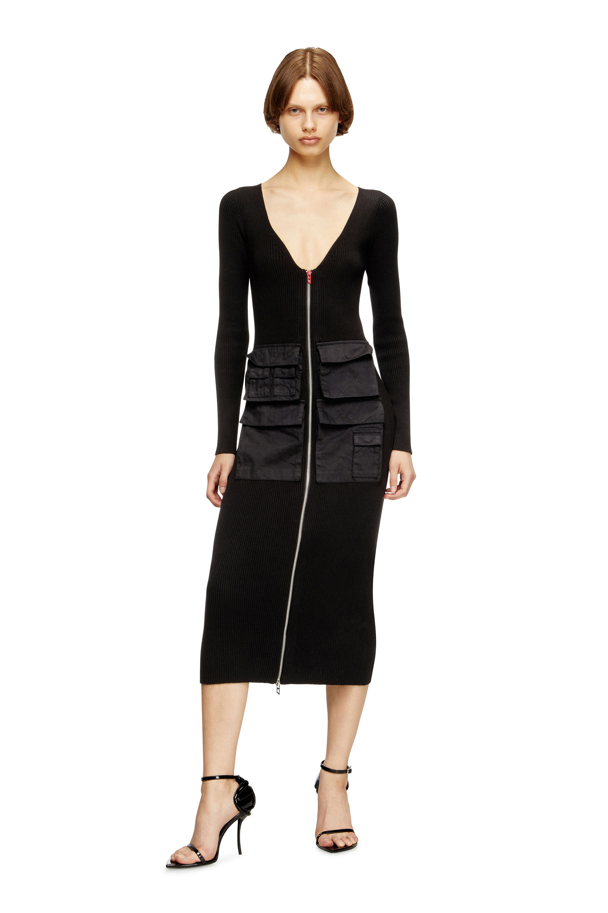 Diesel - M-MELTI-LS, Damen Geripptes Midikleid mit Cargotaschen in Schwarz - 3