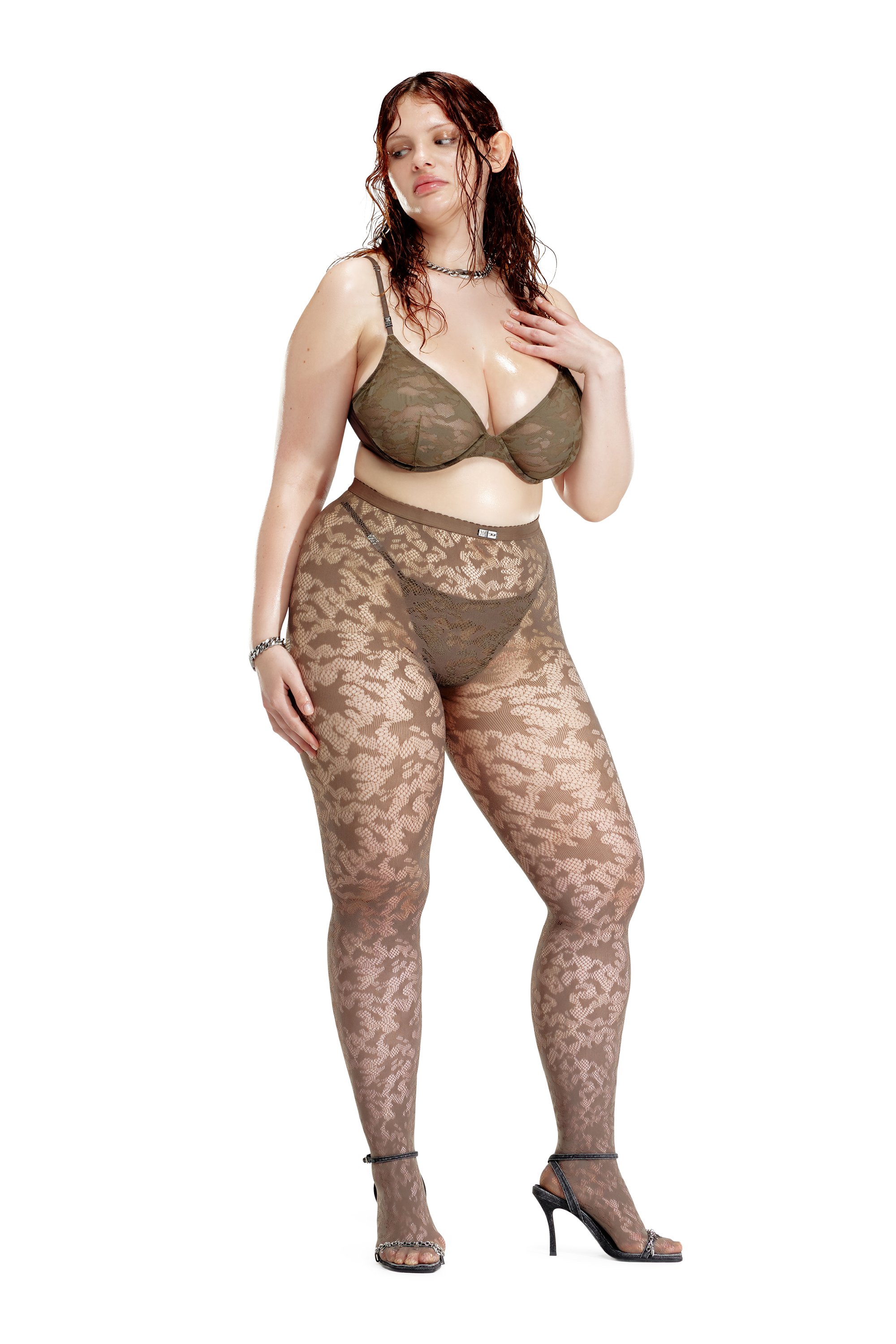 Diesel - C-CAMO-LACE-PLUNGE-BRA, Soutien-gorge plongeant en dentelle effet camouflage Femme in Marron - 3