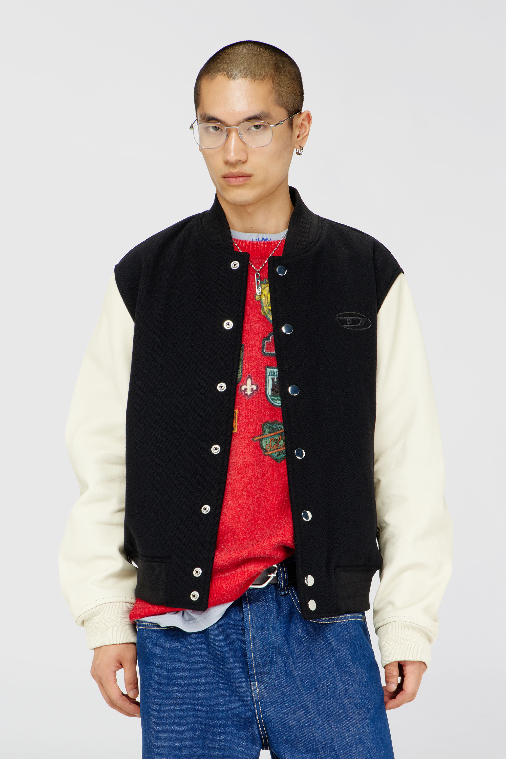 Diesel - L-ARRY-WRD, Herren Bomberjacke aus Wollmischung und Leder in Schwarz/Weiss - 3