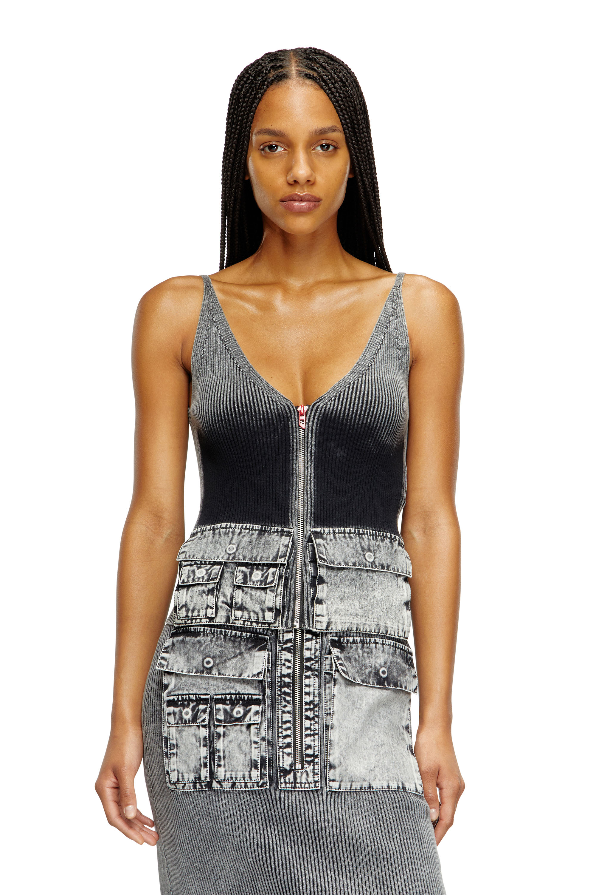 Diesel - M-MELLY, Tank top in maglia con tasche in denim Donna in Grigio - 1
