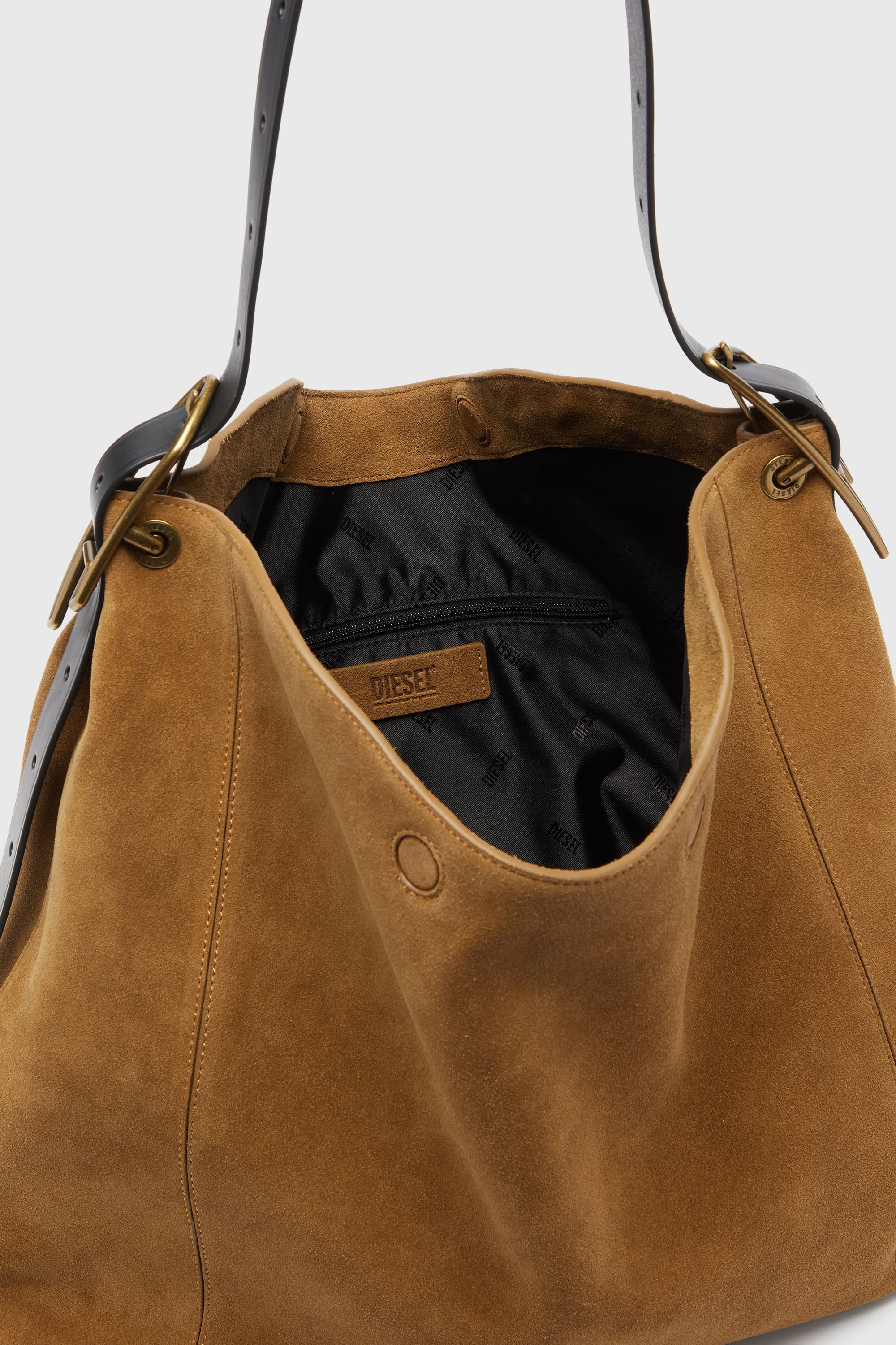 Diesel - D-LINE HOBO L, Damen D-Line Hobo-Tasche aus gewachstem Veloursleder in Hellbraun - 6