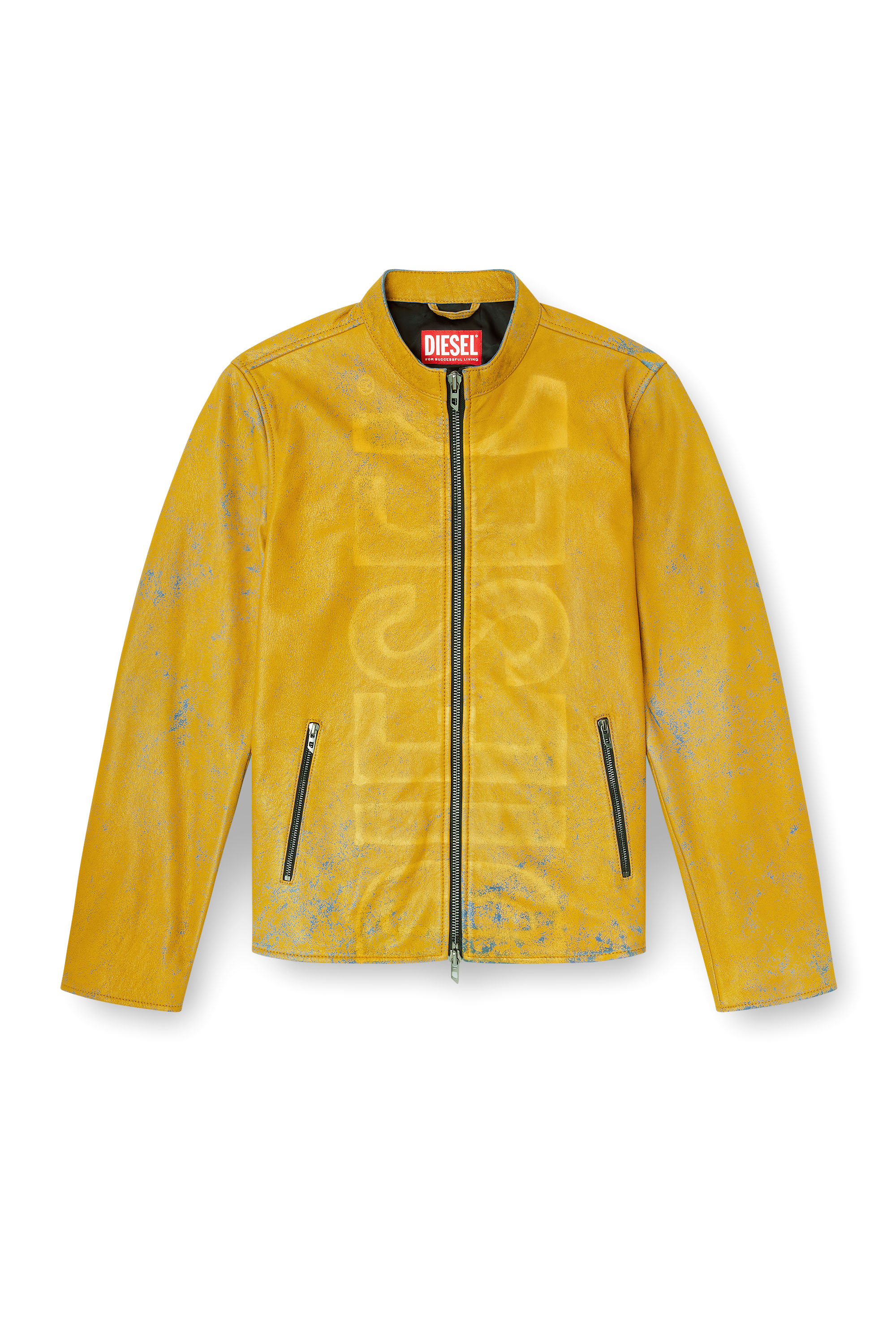 Diesel - L-EVERT-A, Herren Behandelte Bikerjacke aus Leder mit verblasstem Logo in Gelb - 3