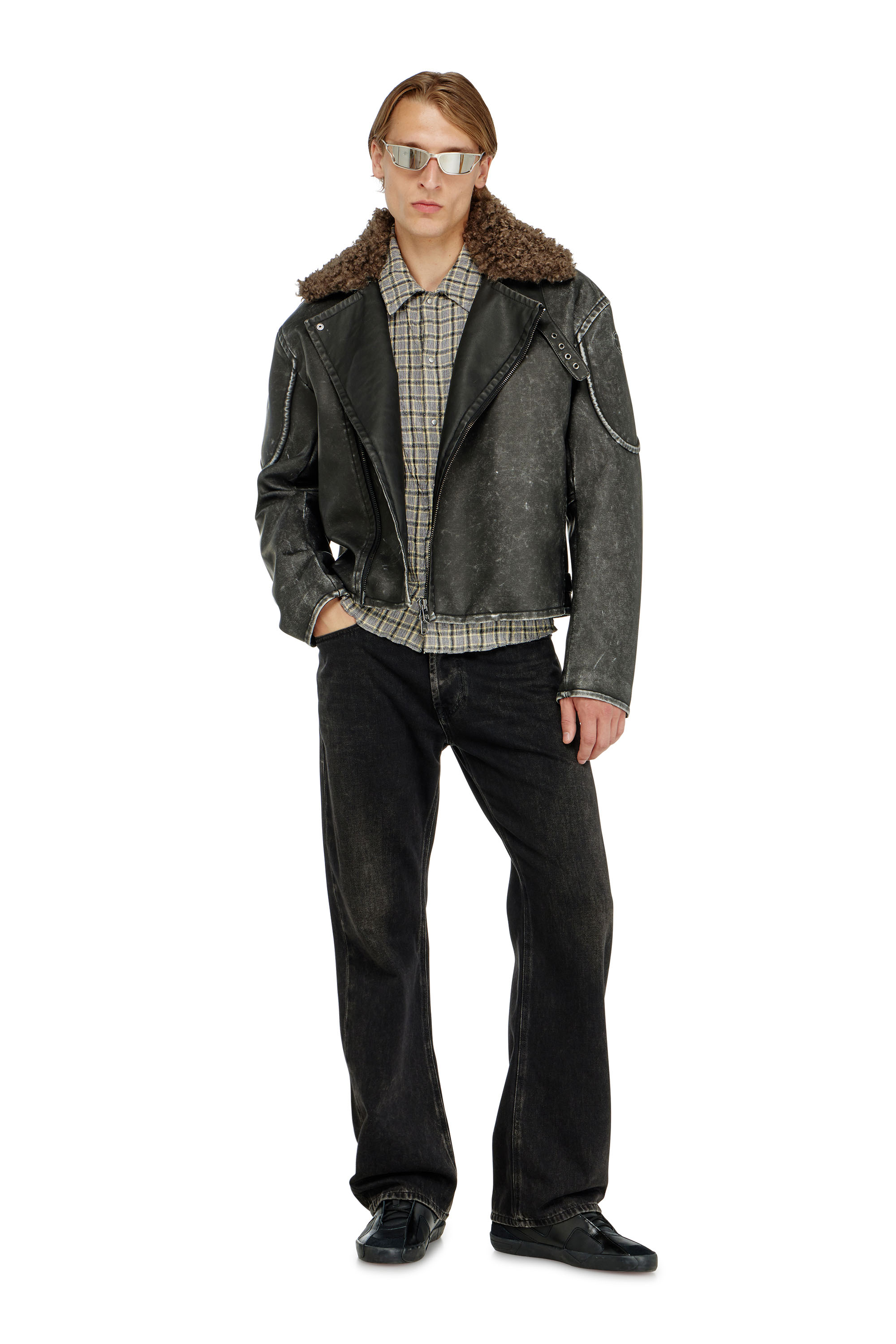 Diesel - W-ALEX, Herren Biker jacket mit abnehmbarem Kragen in Dunkelgrau - 1