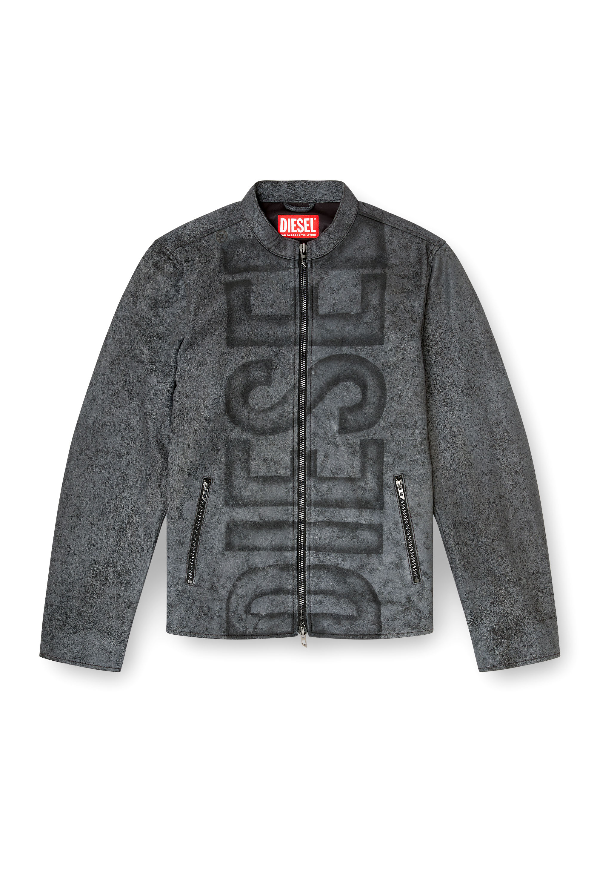 Diesel - L-EVERT-A, Giacca biker in pelle trattata con logo Uomo in Grigio - 2