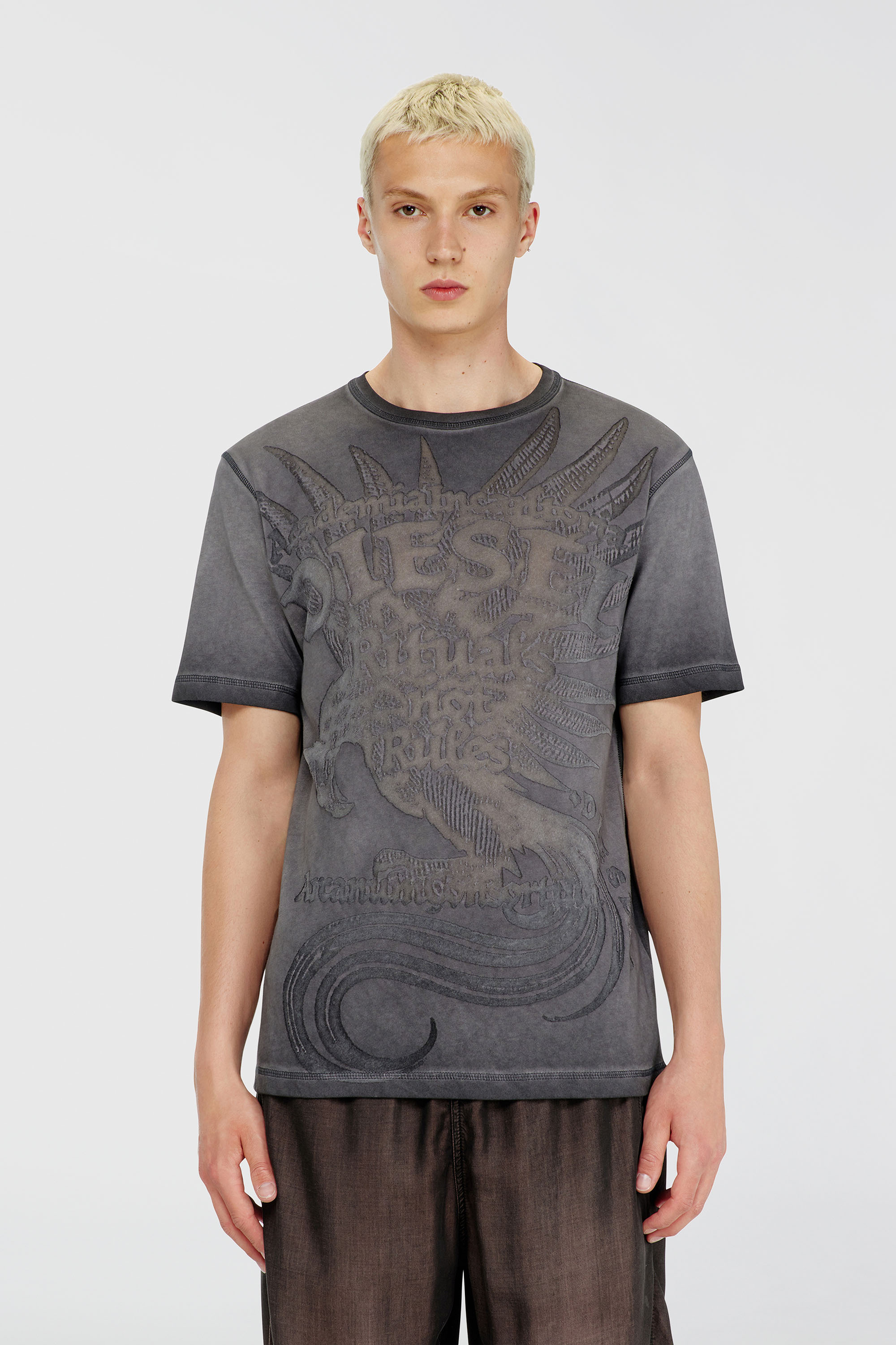 Diesel - T-RAWJUST-AA1, Herren Jersey-T-Shirt mit gepr&auml;gtem Motiv in Dunkelgrau - 3