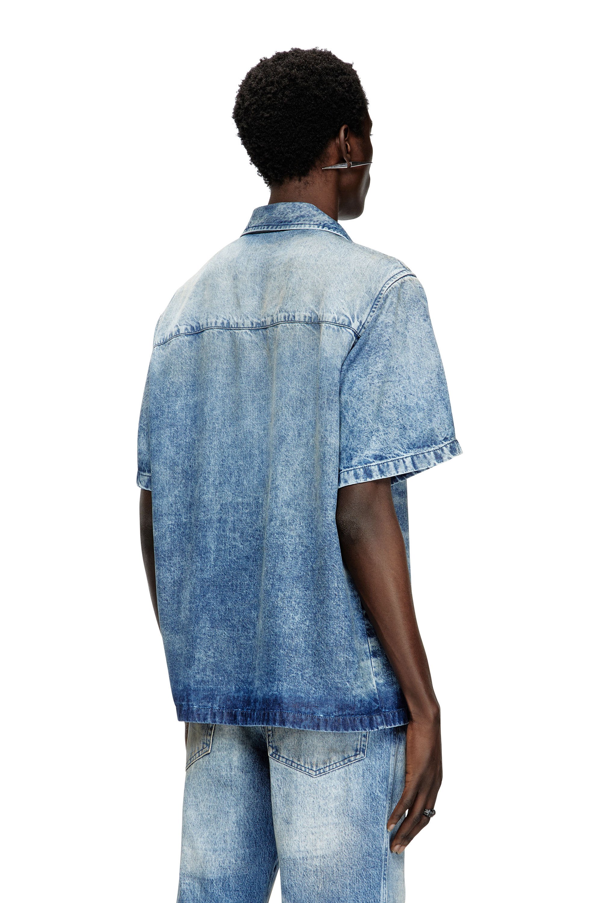 Diesel - D-NABIL-FSG, Man's Bowling shirt in distressed denim in Medium blue - 4