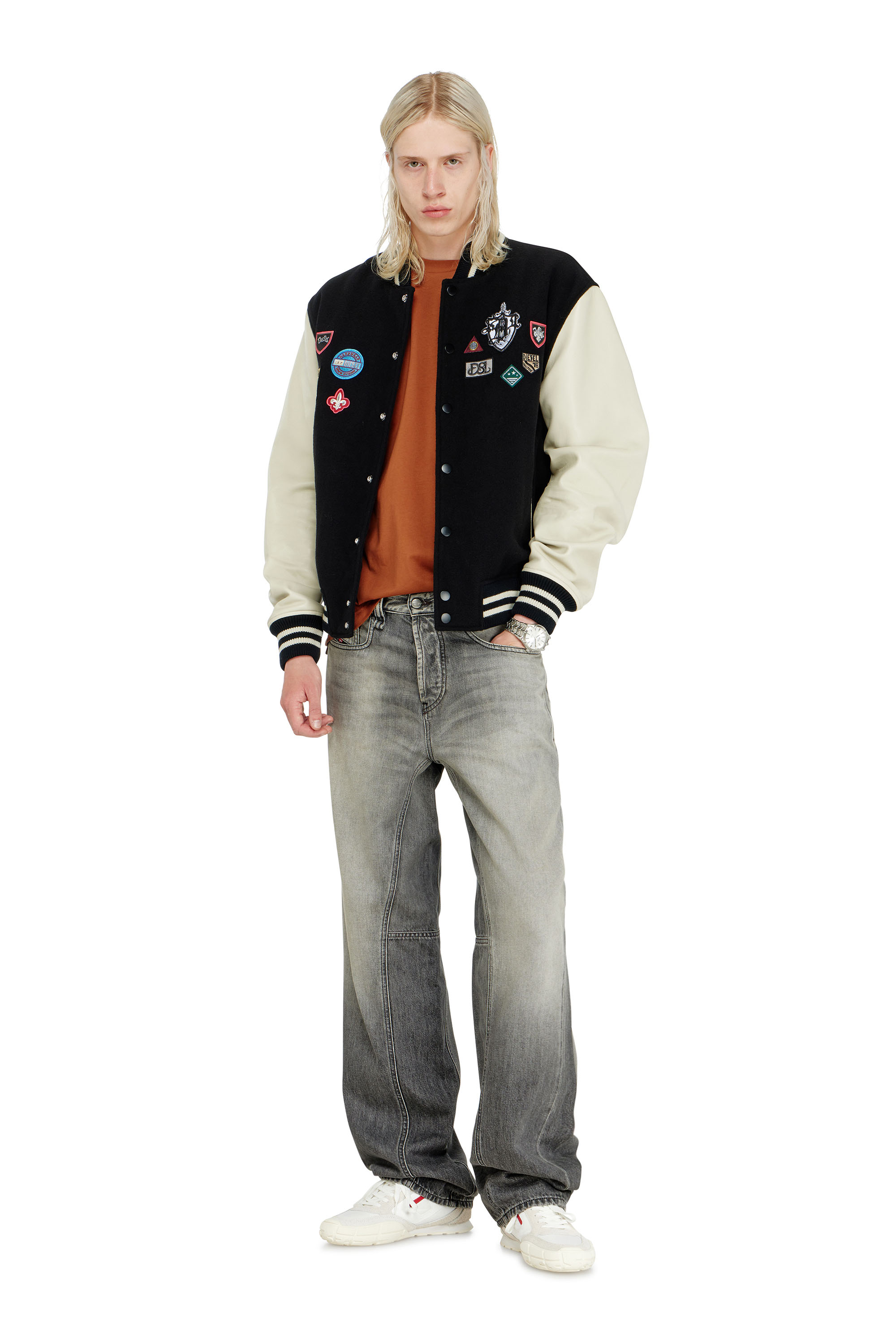Diesel - L-ARRY-PATCH, Herren Bomberjacke aus Wolle und Leder mit Patches in Weiss/Schwarz - 1