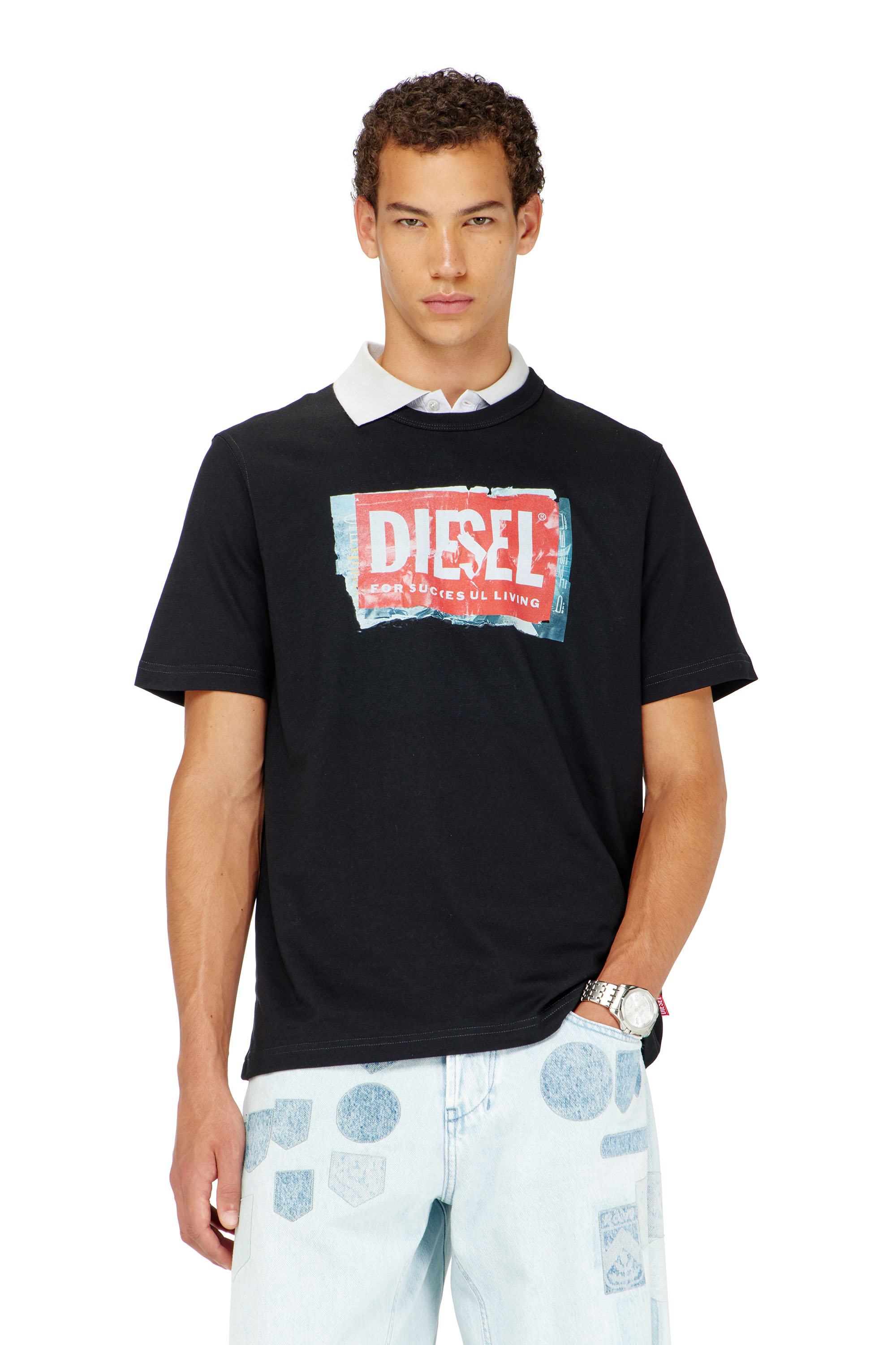 Diesel - T-ADJUST-Q6, Herren T-Shirt mit Logo in Knitter-Optik in Schwarz - 1