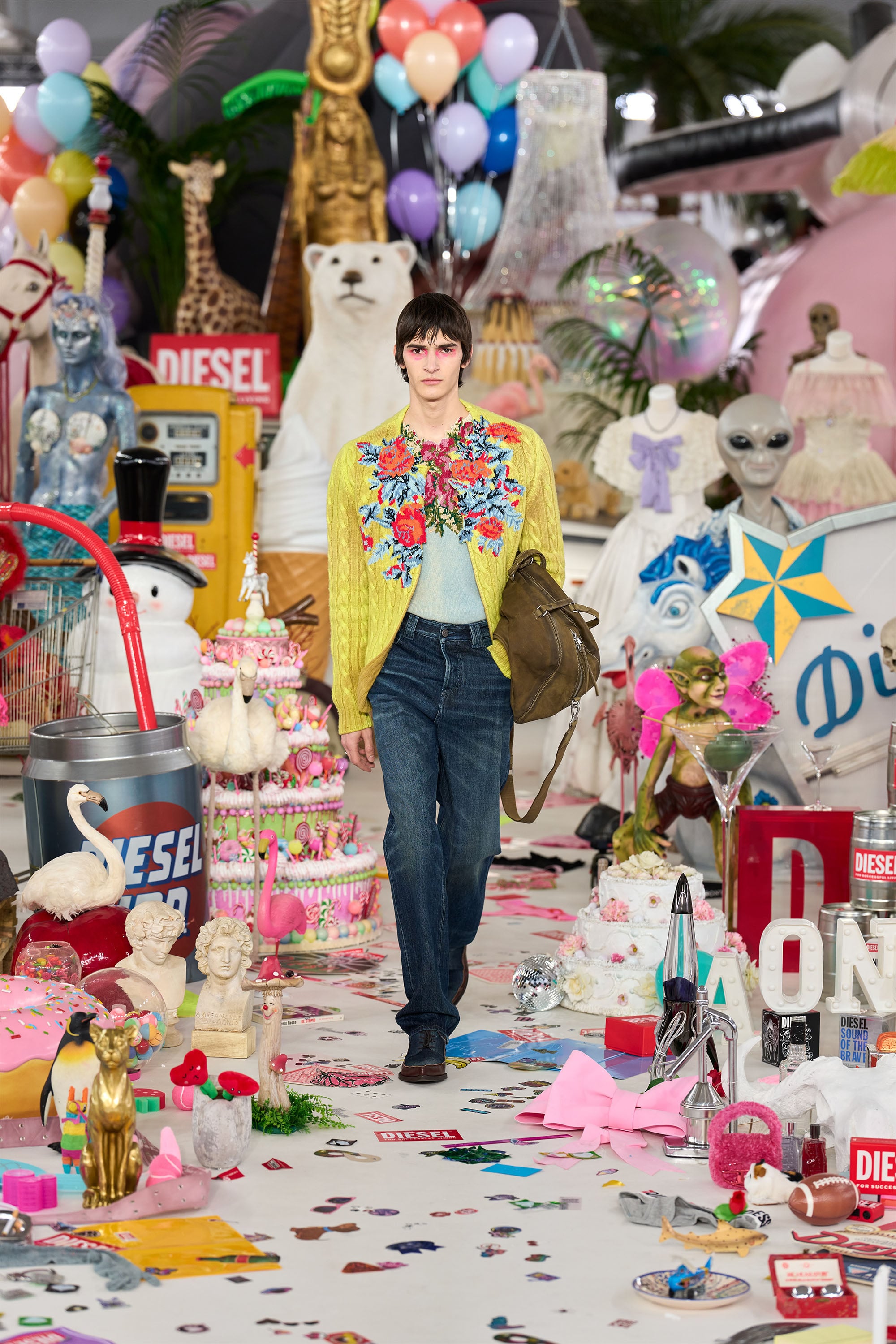 Diesel - K-RINO, Cardigan ouvert en maille torsad&eacute;e &agrave; motif floral Homme in Vert - 3